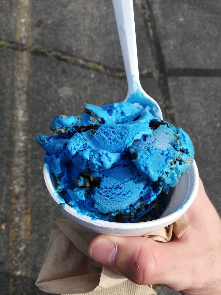 Blue ice cream with cookies inside from Chelsea's Creamery.