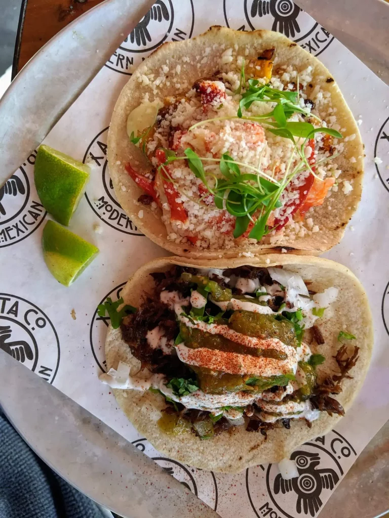 Two nicely dressed tacos on a tray.