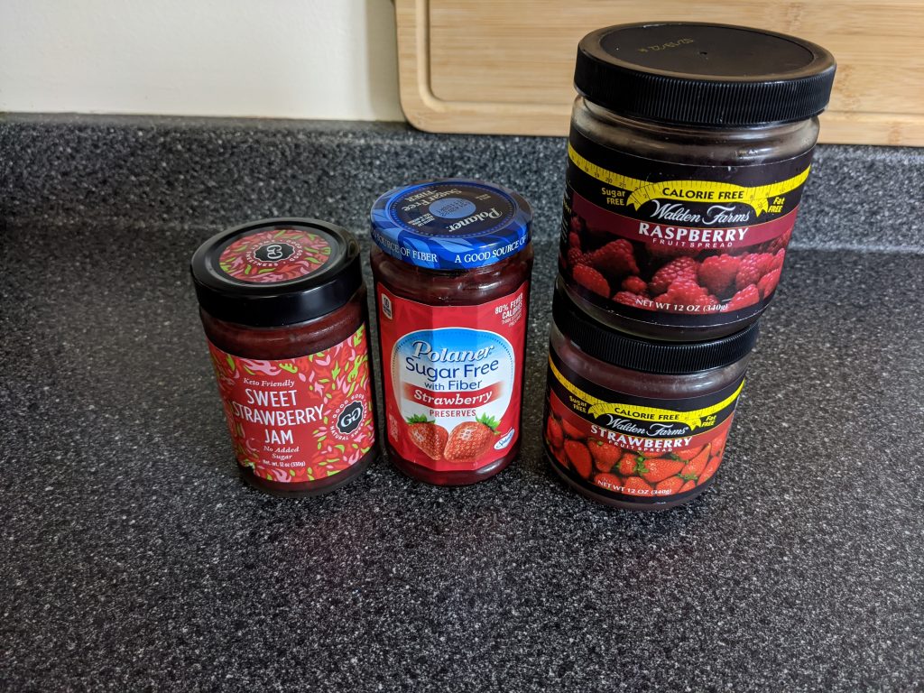 Walden farms dip, Polaner preserves, and keto strawberry jam.