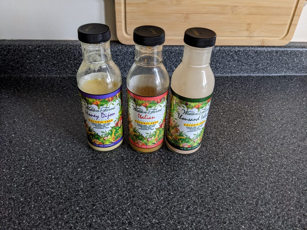 Honey Dijon, Italian, and Thousand Island Walden Farms dressing.
