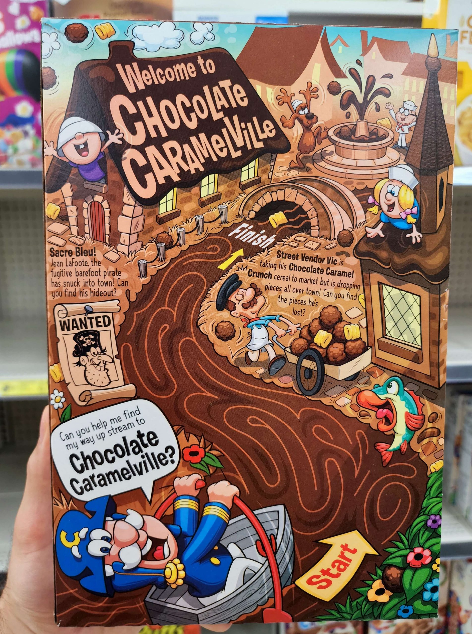 Back of Cap'n Crunch's Chocolate Caramel Crunch cereal box.