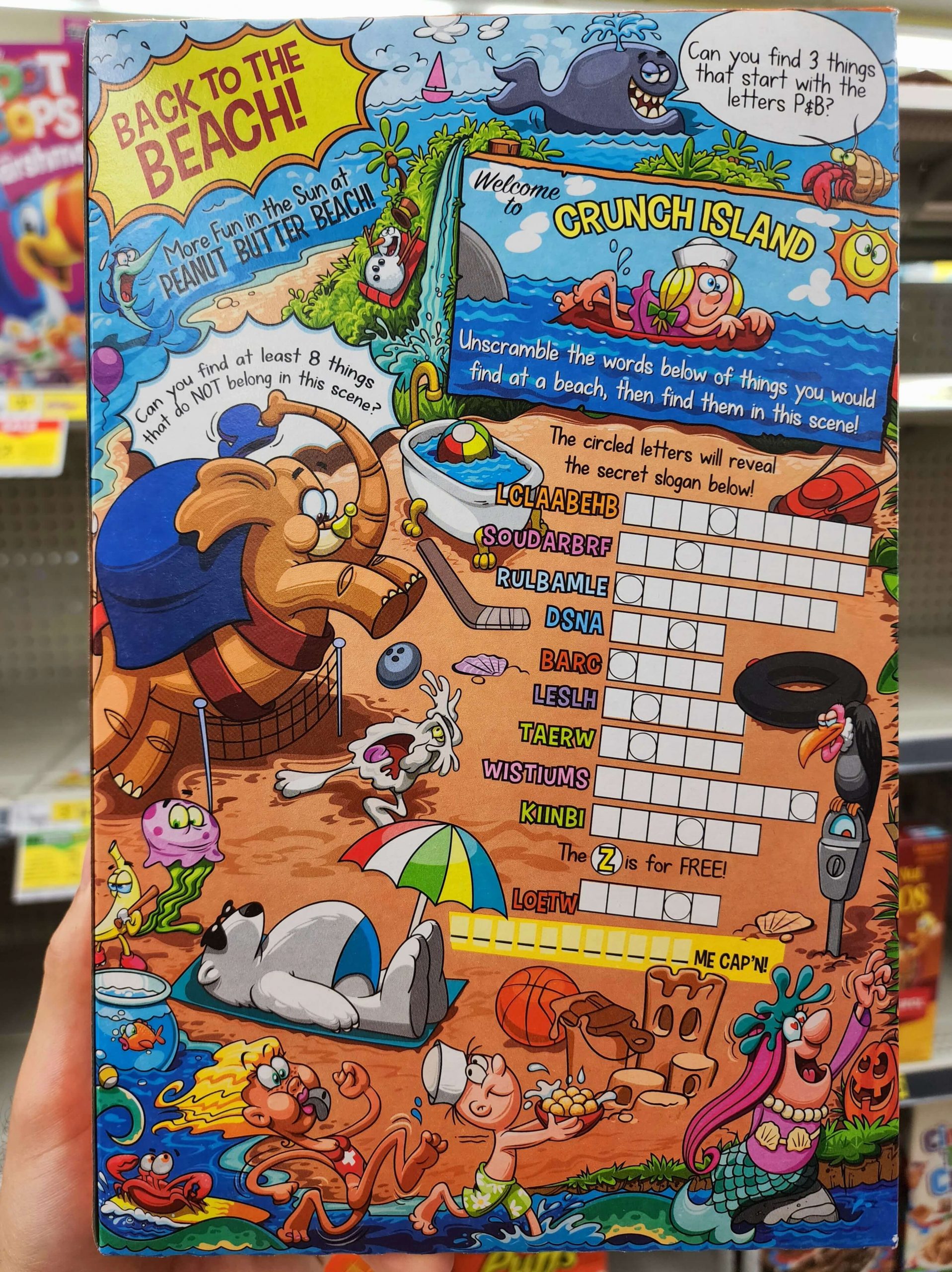 Back of Cap'n Crunch's Peanut Butter Crunch cereal box.