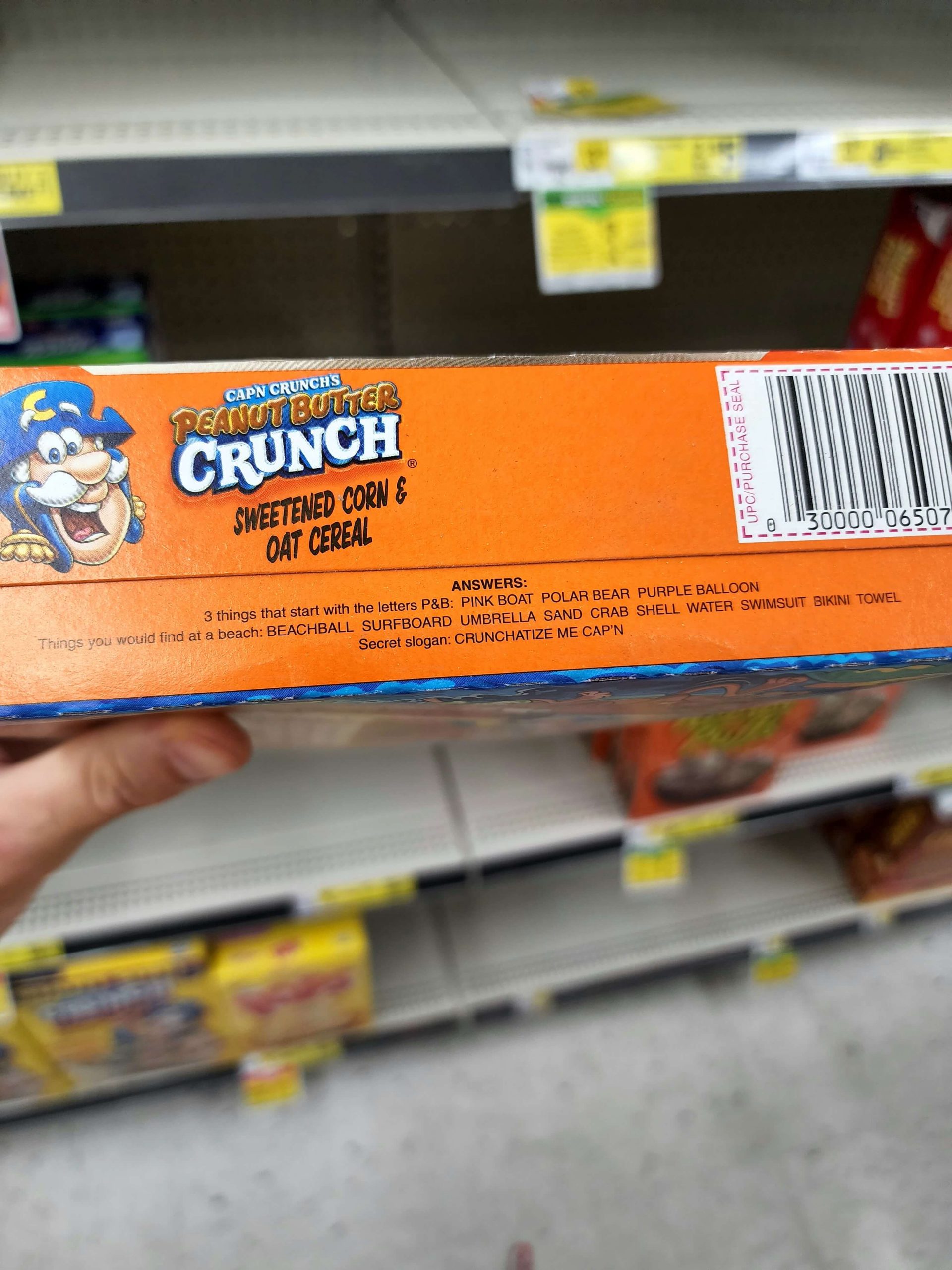 Bottom of Cap'n Crunch's Peanut Butter Crunch cereal box, answer sheet.