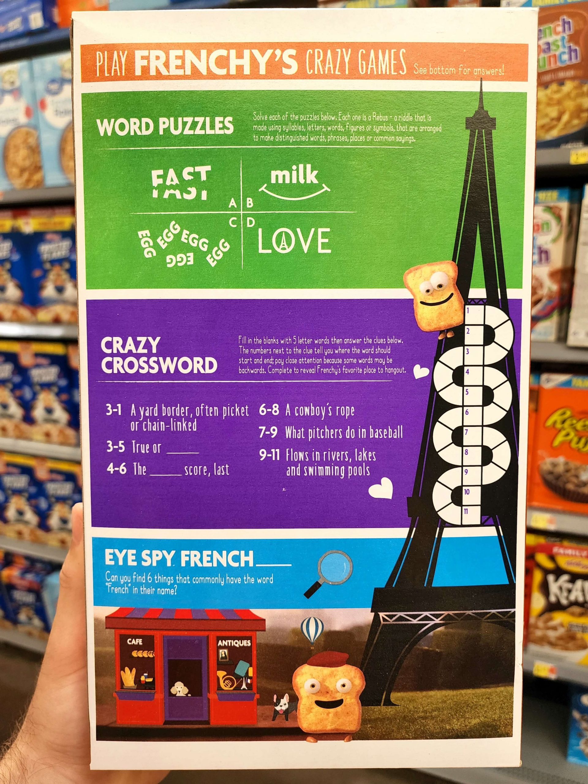 Back of General Mills French Toast Crunch cereal box.