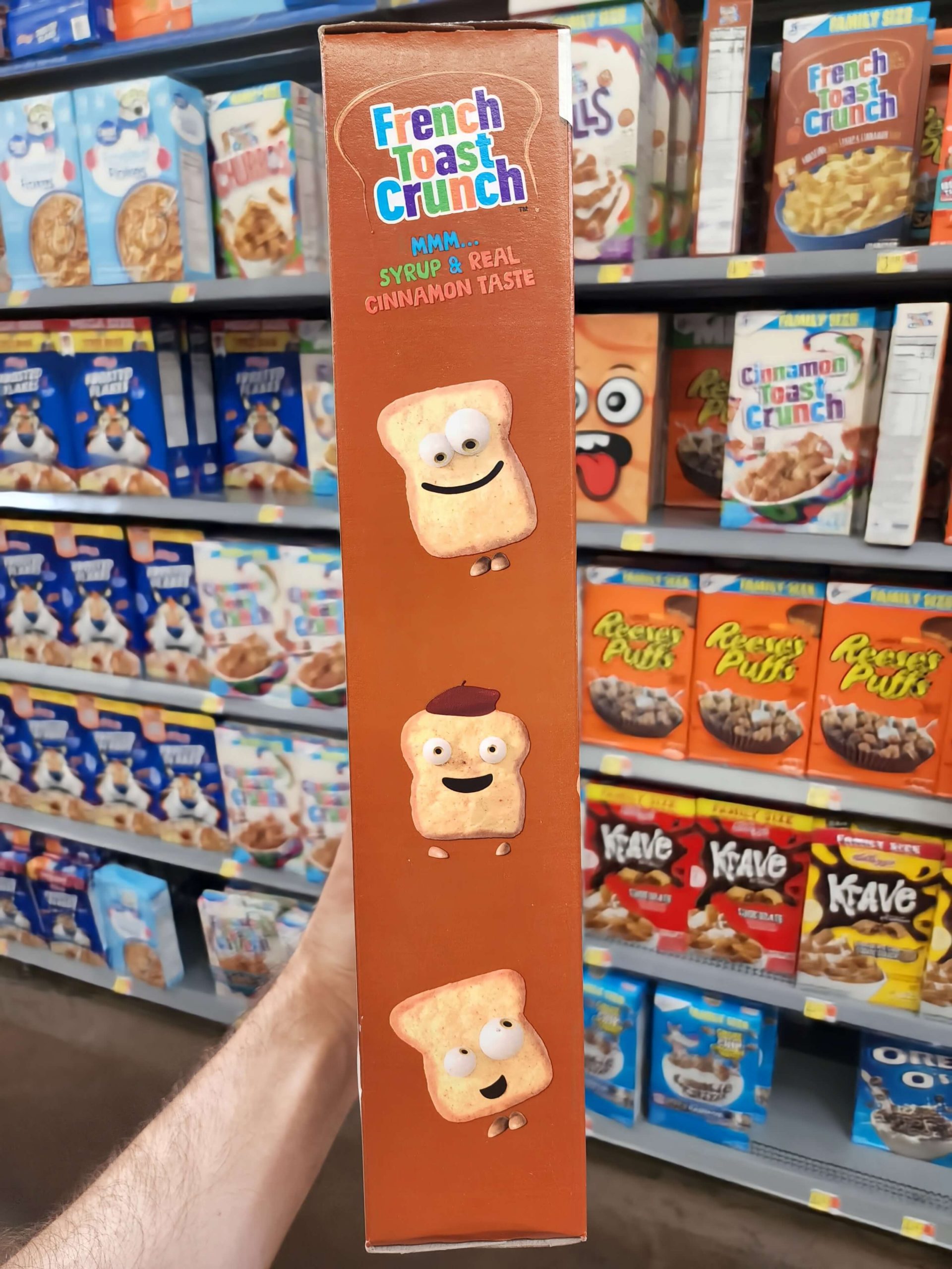 Side of General Mills French Toast Crunch cereal box.