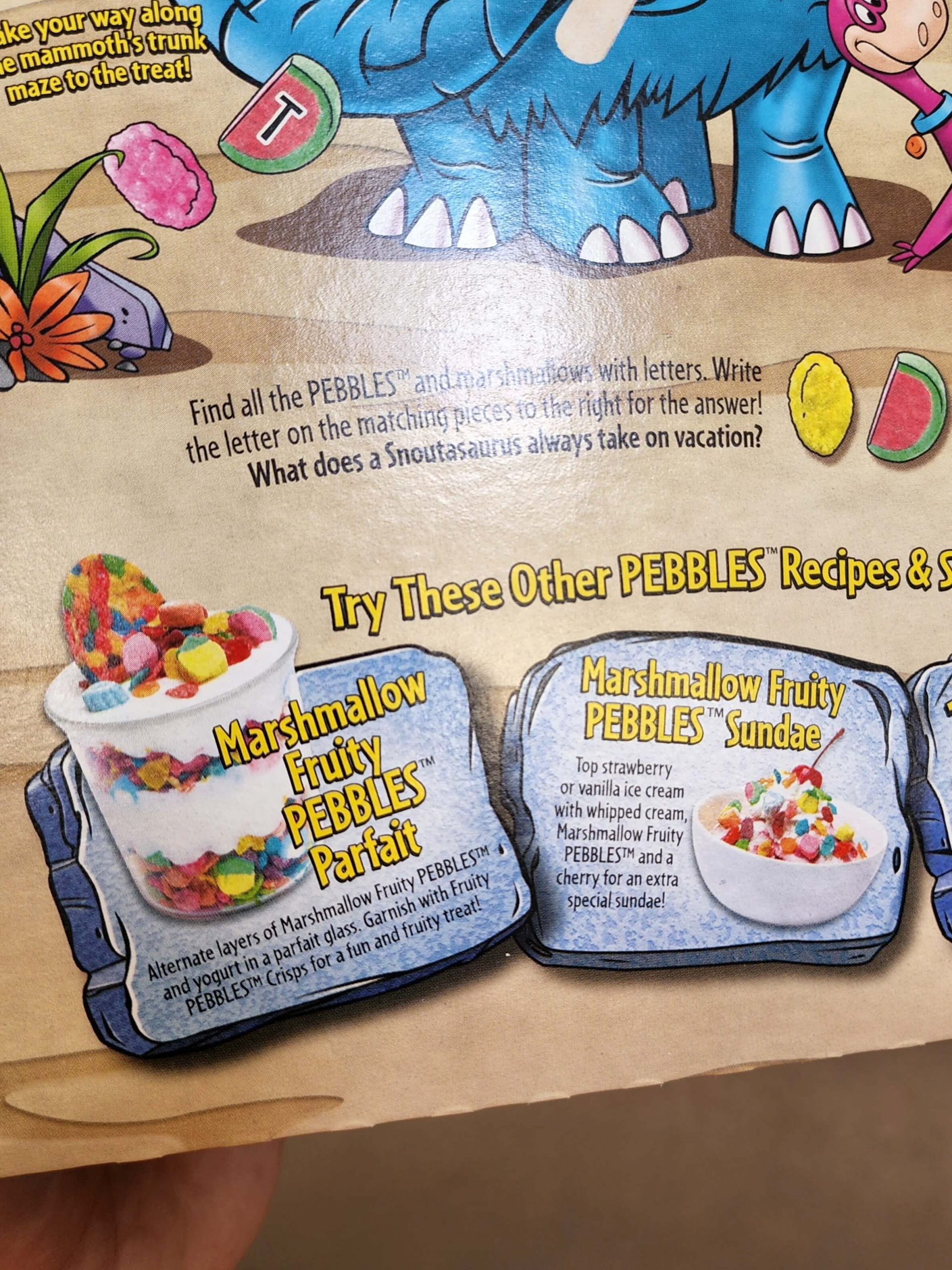 Back of Marshmallow Fruity Pebbles box.