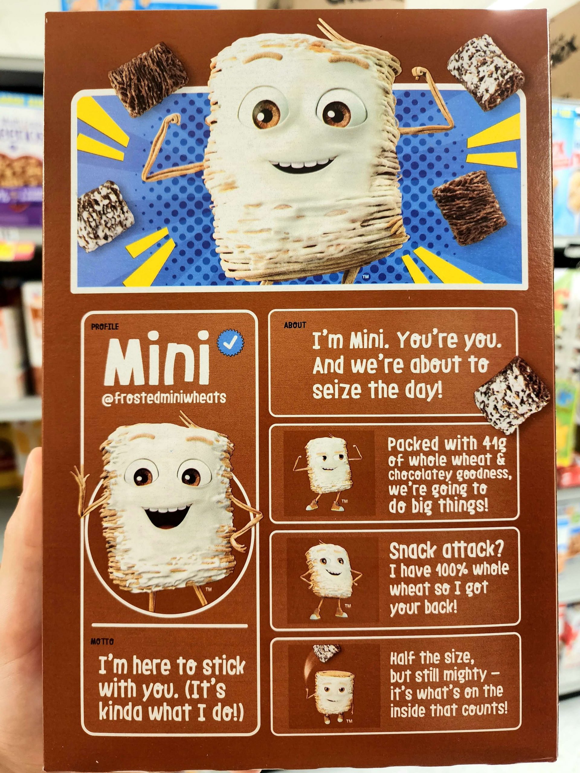 Back of Kellogg's Chocolate Frosted Mini Wheats Little Bites 2022 cereal box.