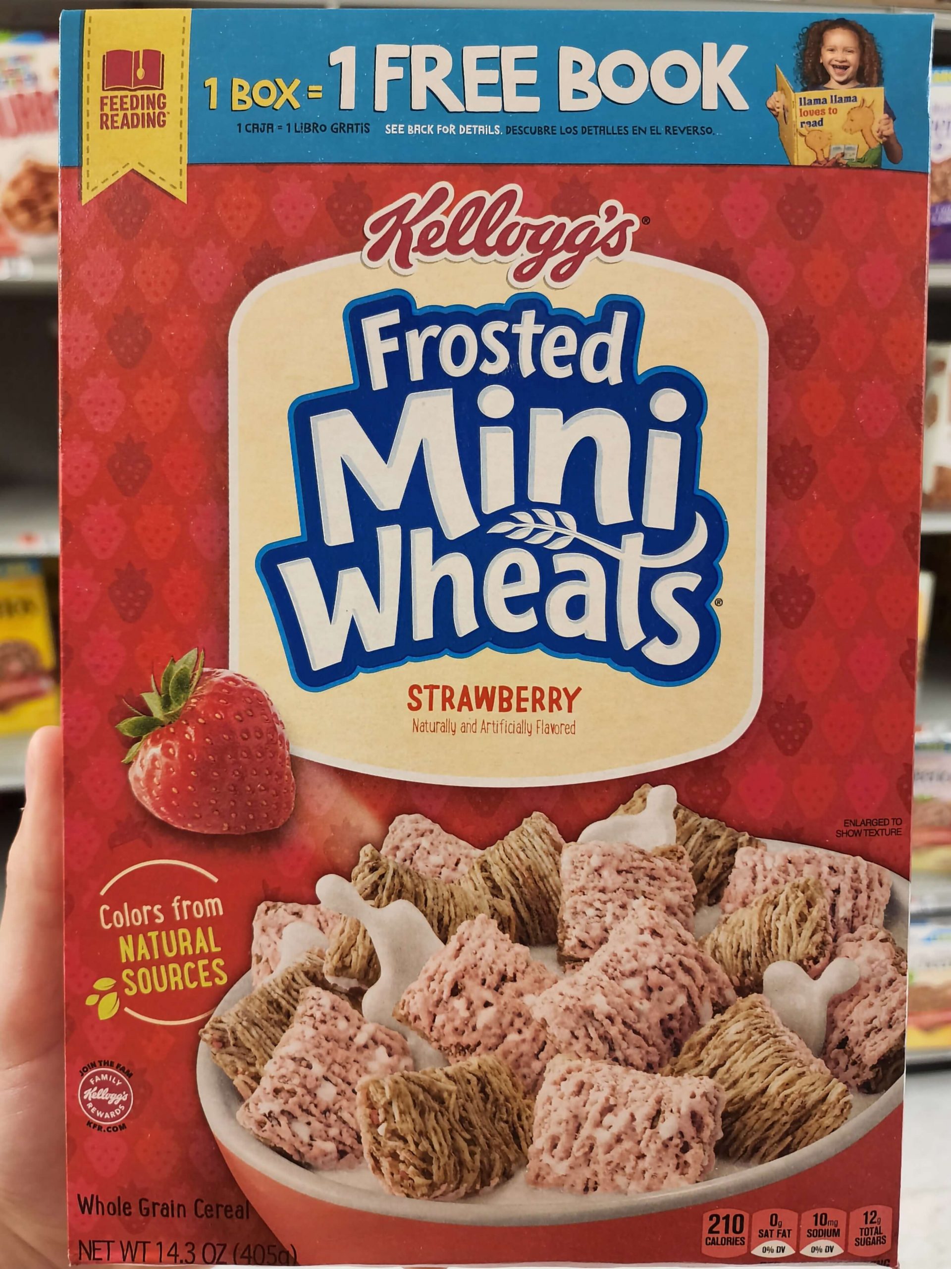 Front of Kellogg's Strawberry Frosted Mini Wheats 2022 cereal box.