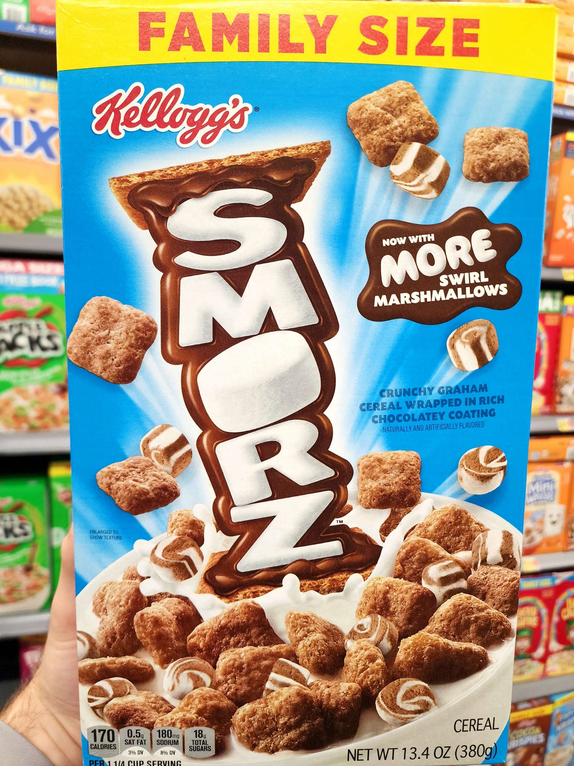 Front of Kellogg's Smorz cereal box.