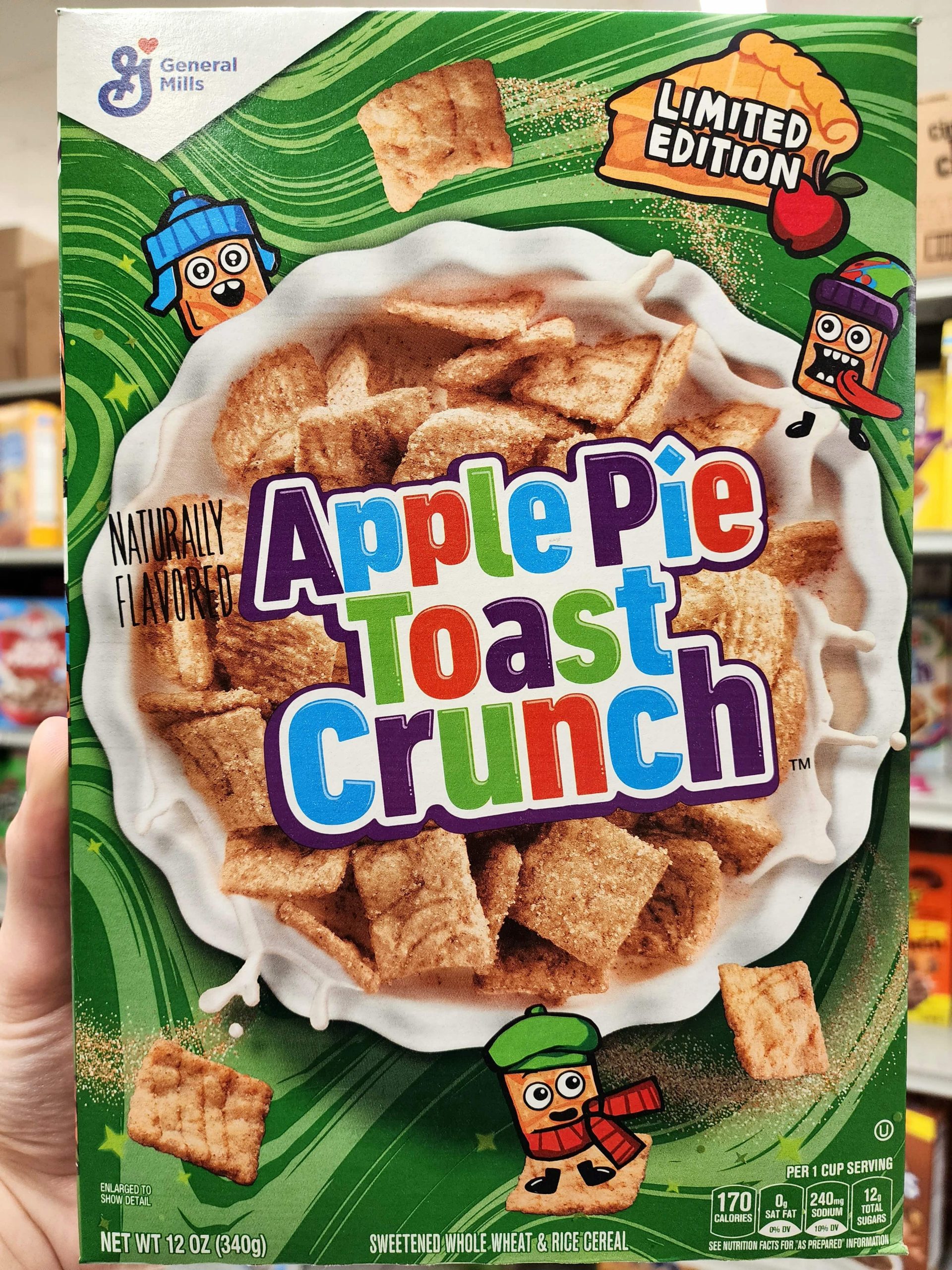Front of General Mills Apple Pie Toast Crunch 2022 cereal box.