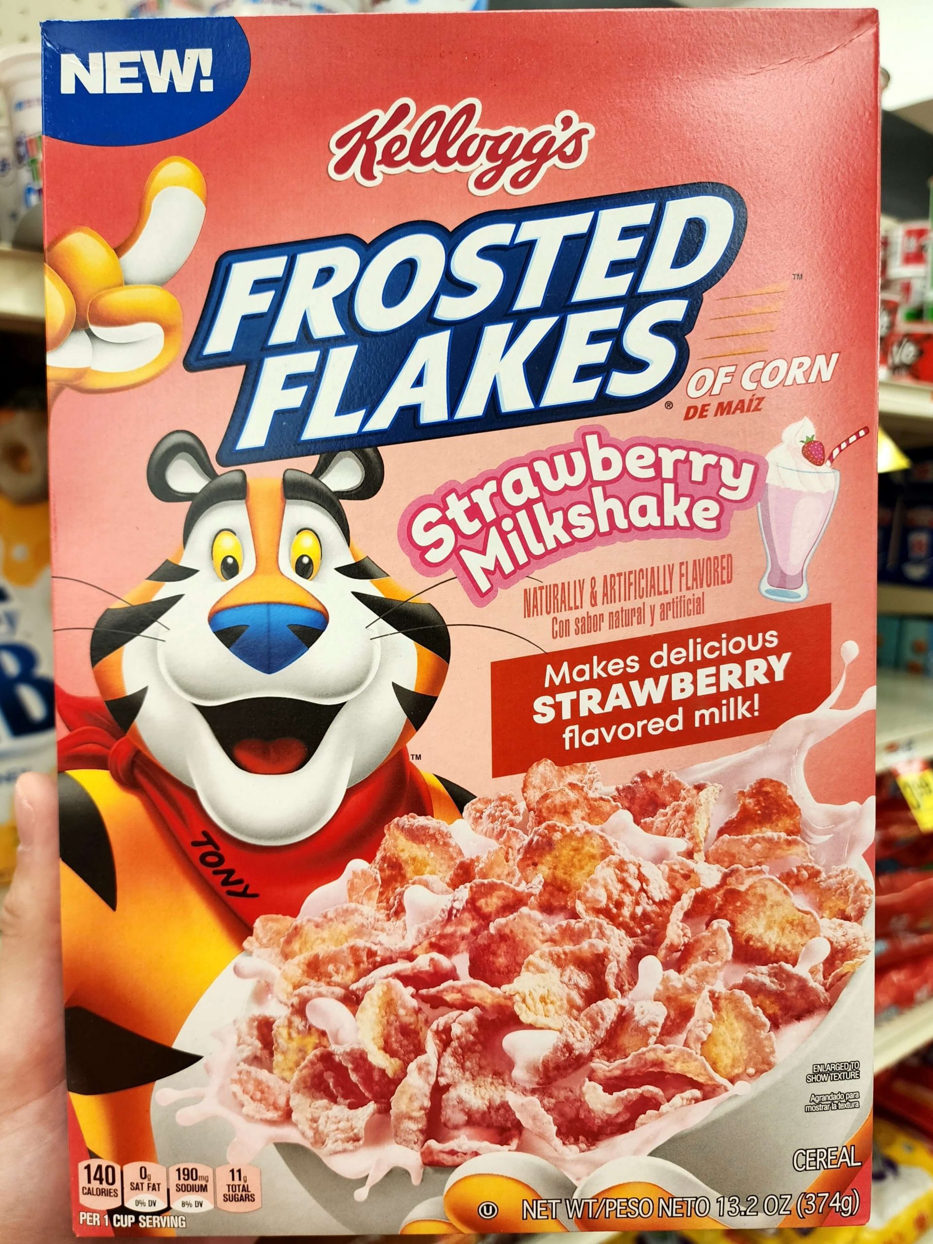 Front of Frosted Flakes Strawberry Milkshake cereal box.