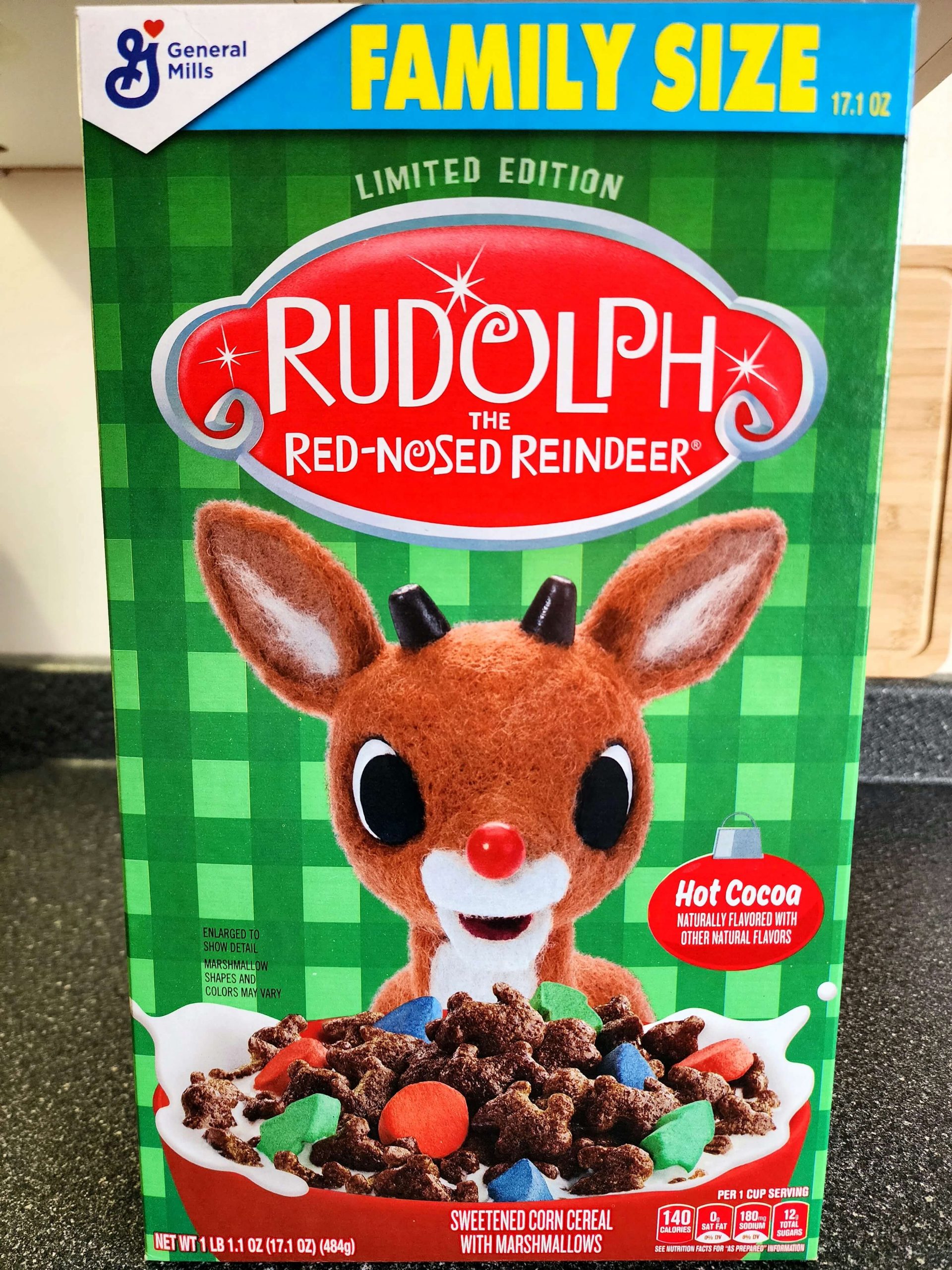 Front of General Mills Rudolph the Red-Nosed Reindeer Hot Cocoa cereal box.