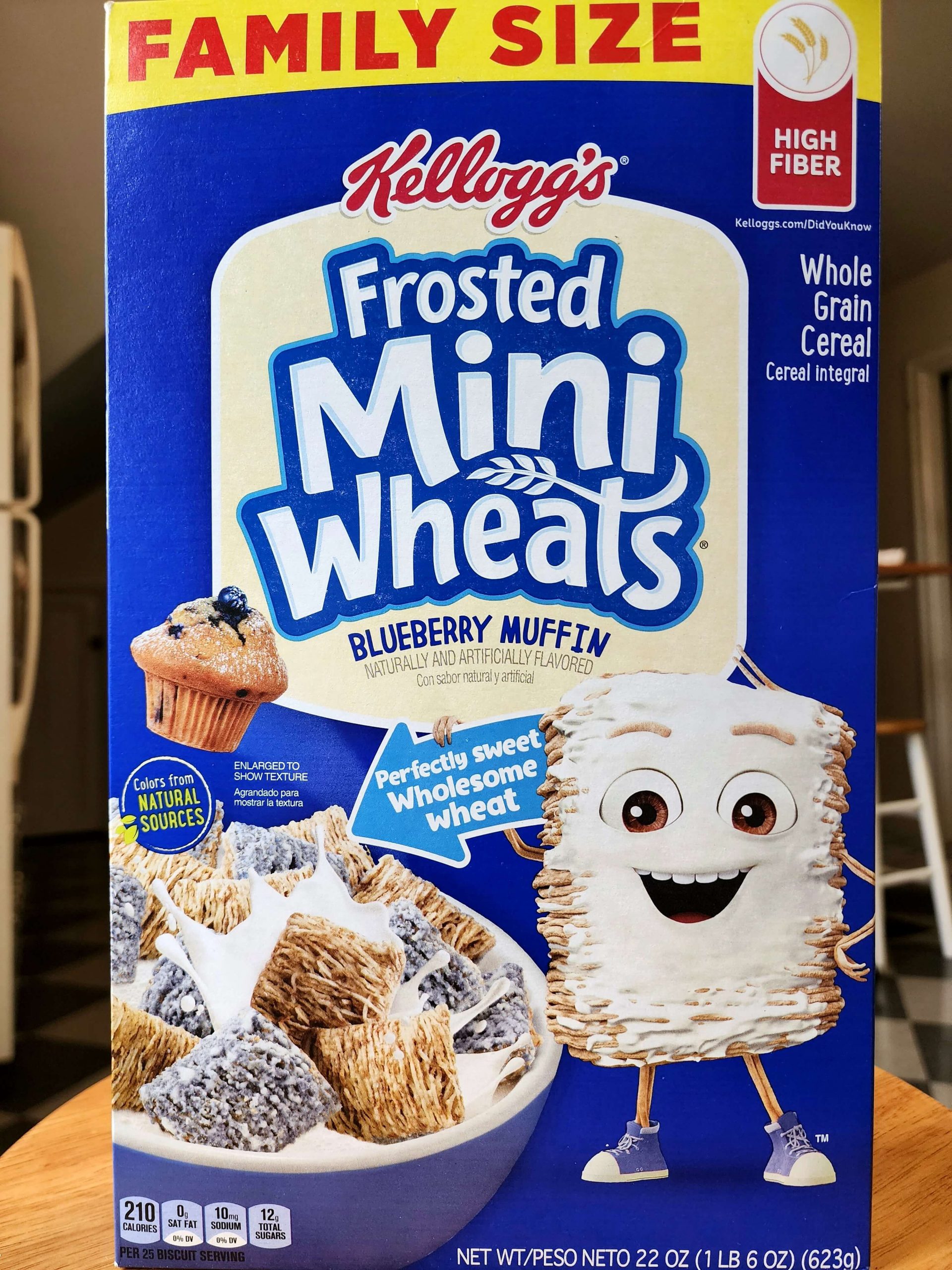 Front of Kellogg's Blueberry Frosted Mini Wheats 2022 cereal box.
