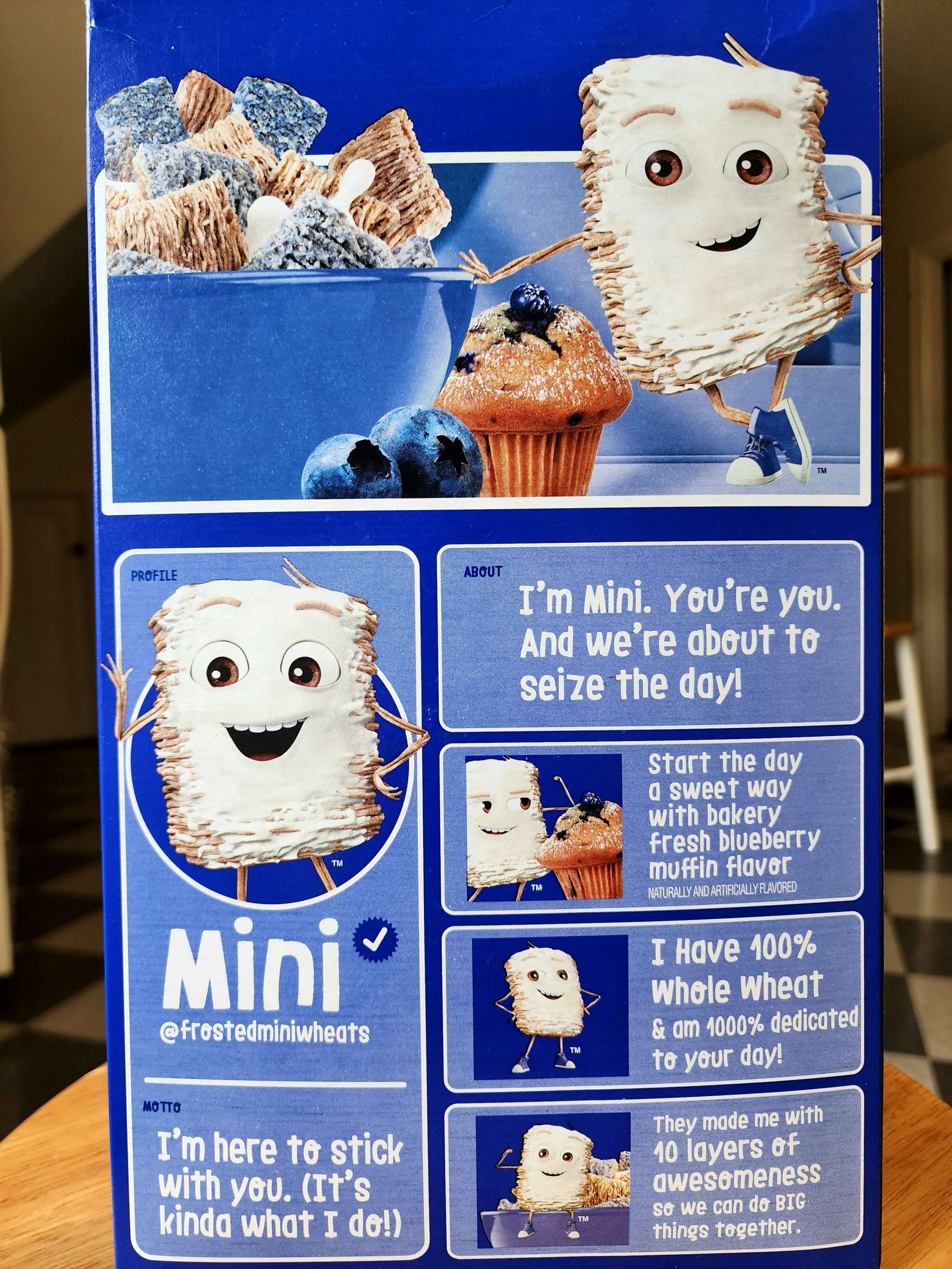 Back of Kellogg's Blueberry Frosted Mini Wheats 2022 cereal box.
