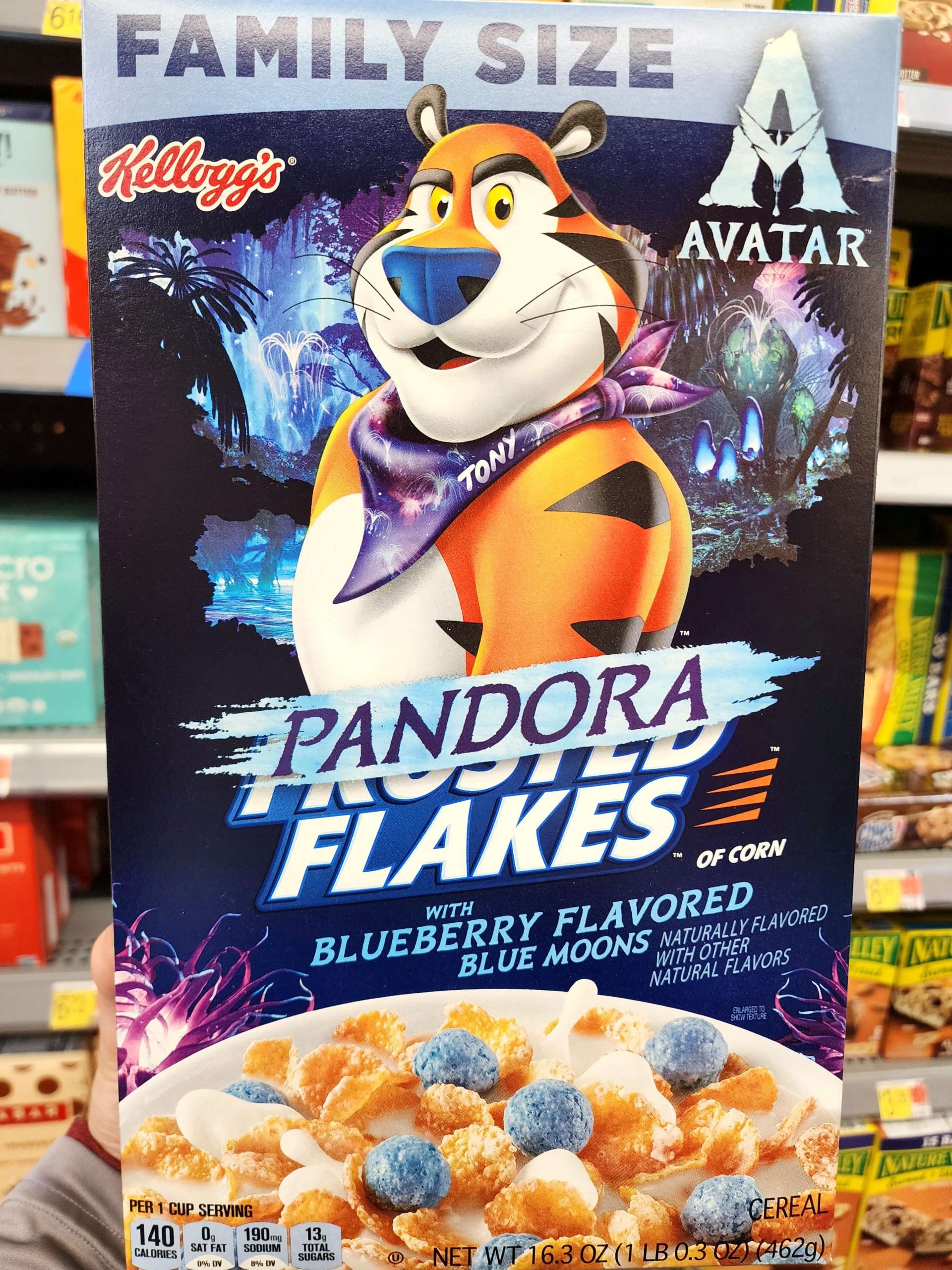 Front of Pandora Frosted Flakes cereal box.