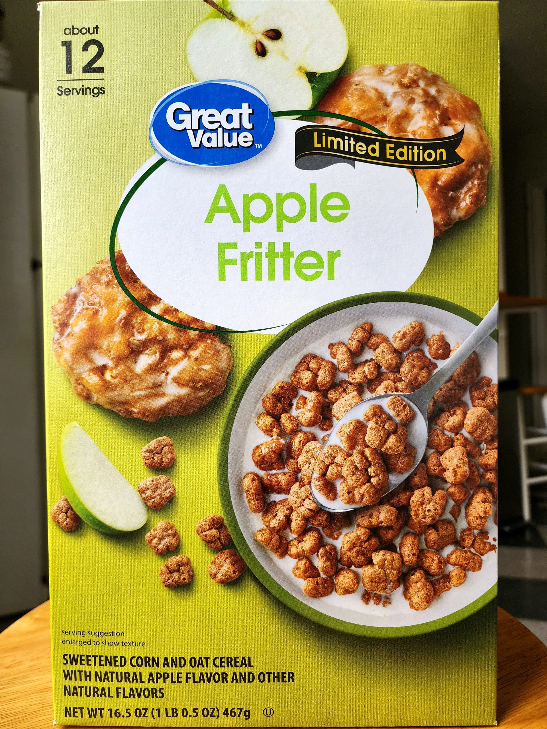 Front of Great Value Apple Fritter cereal box.
