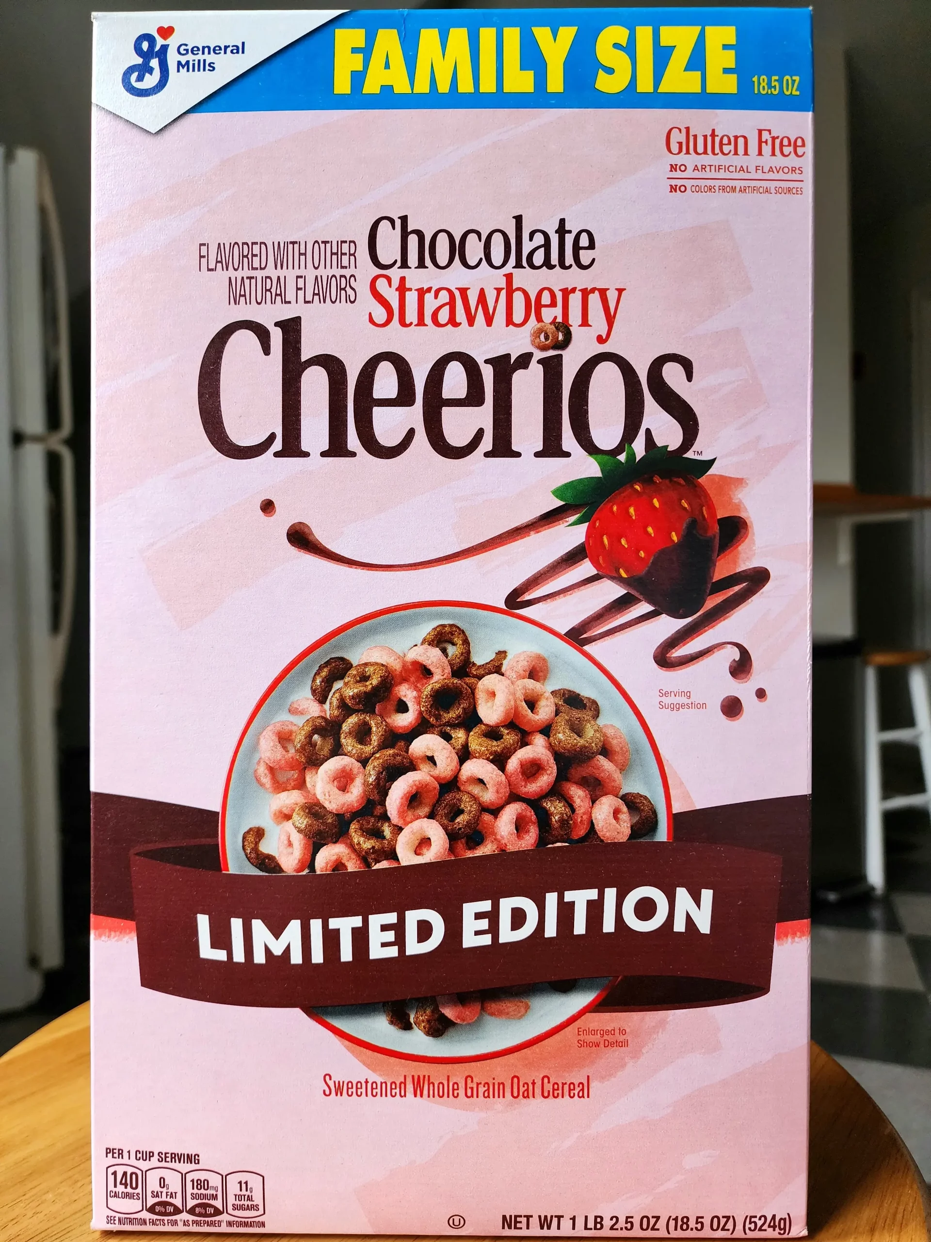Front of Chocolate Strawberry Cheerios Valentine's Day 2023 cereal box.