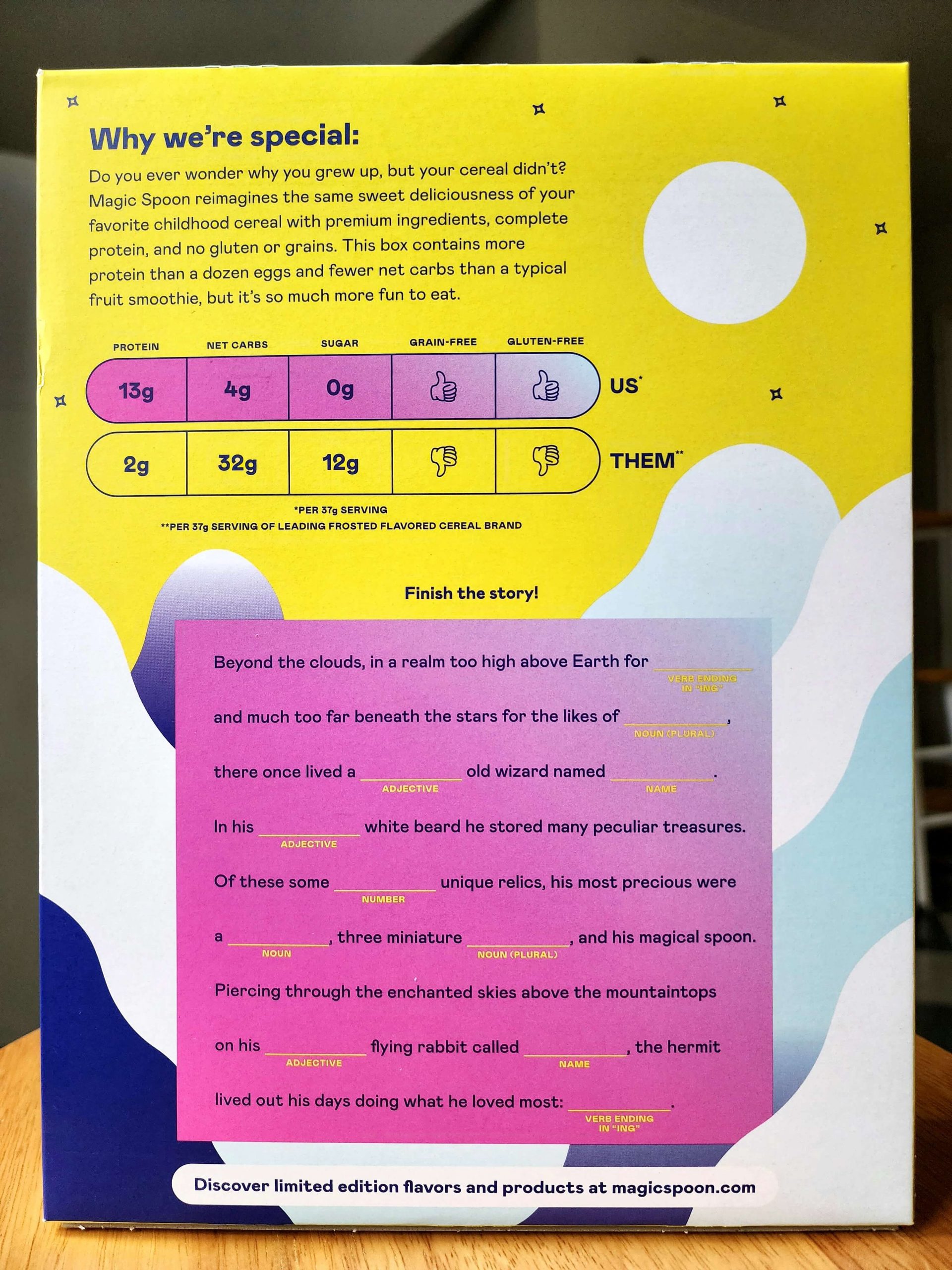 Back of Magic Spoon Frosted cereal box.