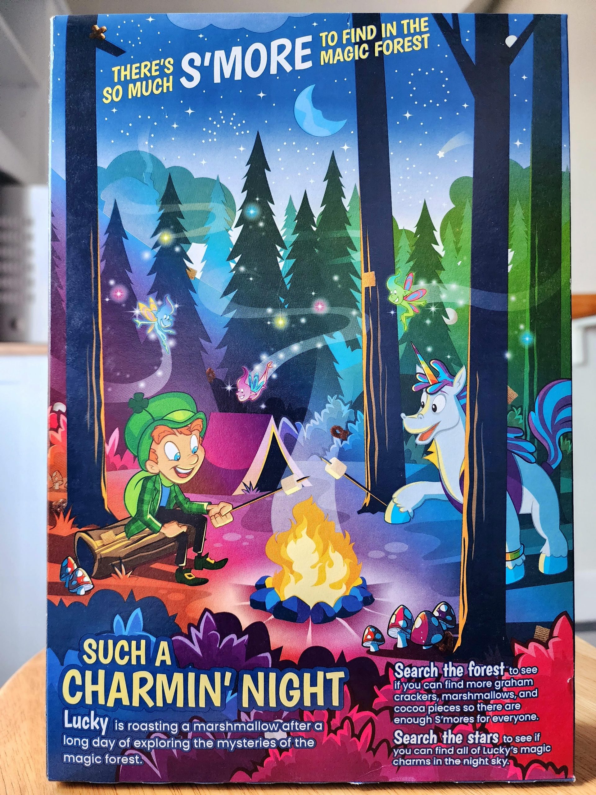 Back of General Mills Lucky Charms S'mores cereal box.