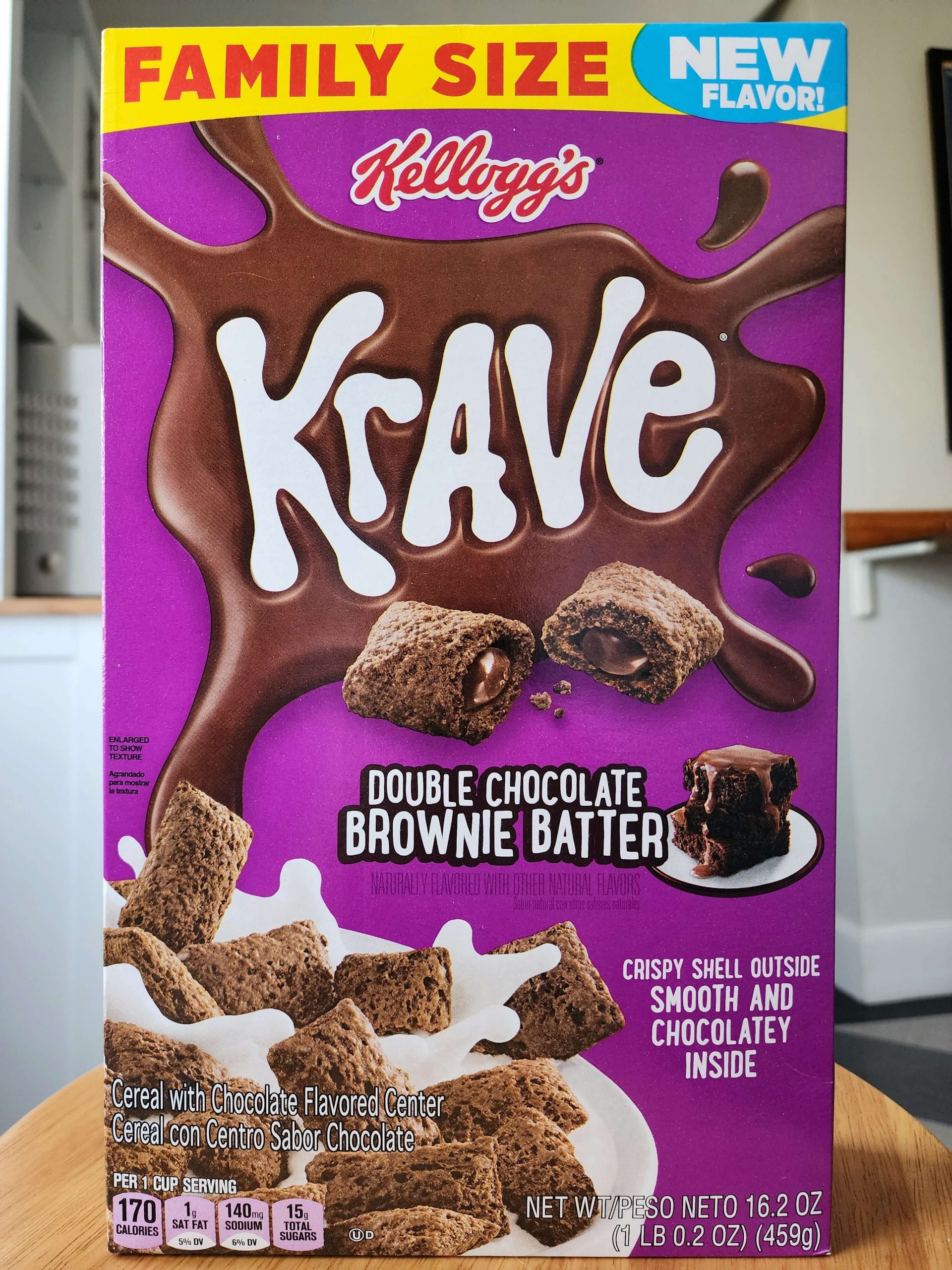 Front of Kellogg's Krave Double Chocolate Brownie Batter cereal box.