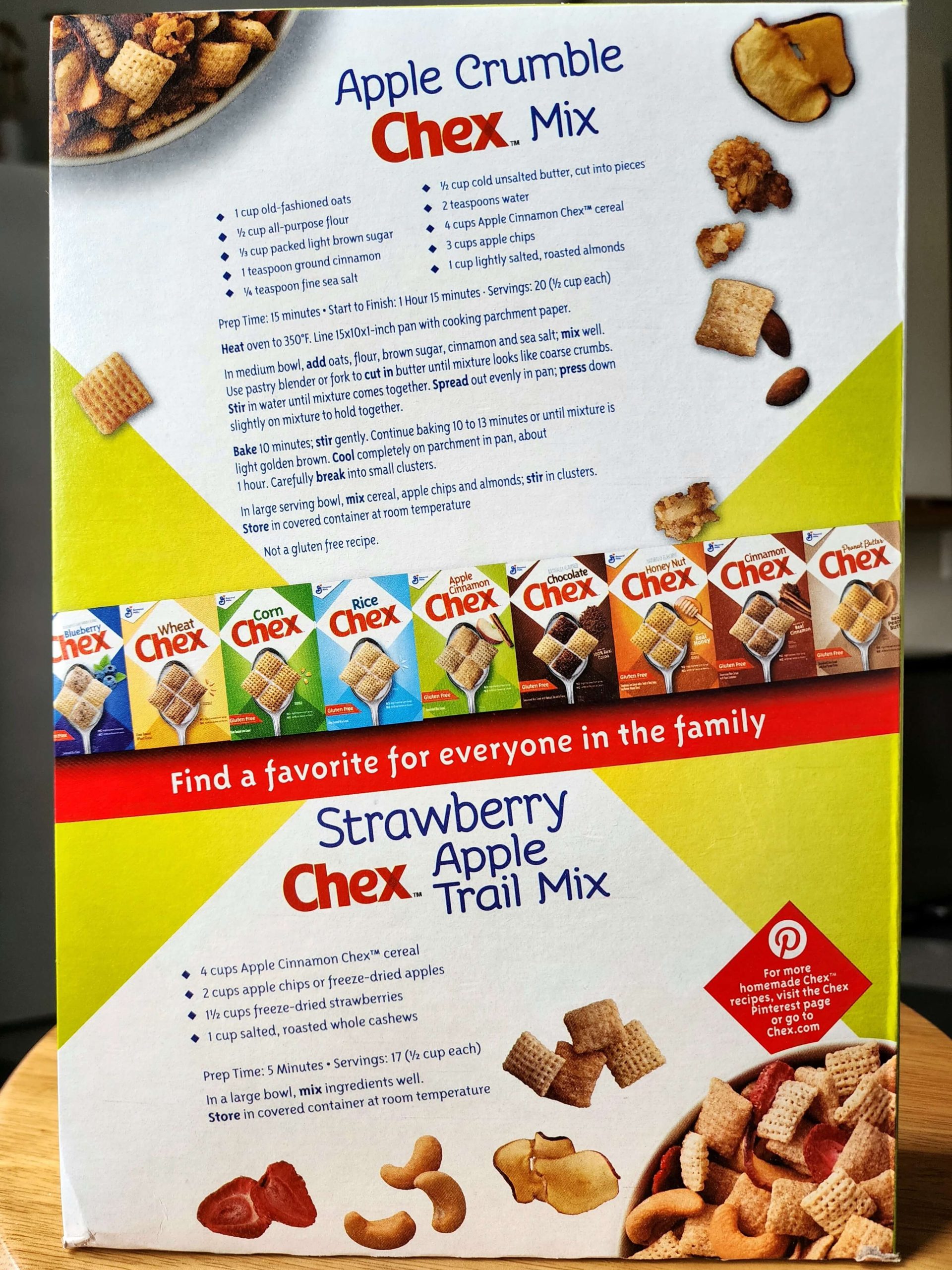 Back of General Mills Apple Cinnamon Chex 2022 cereal box.