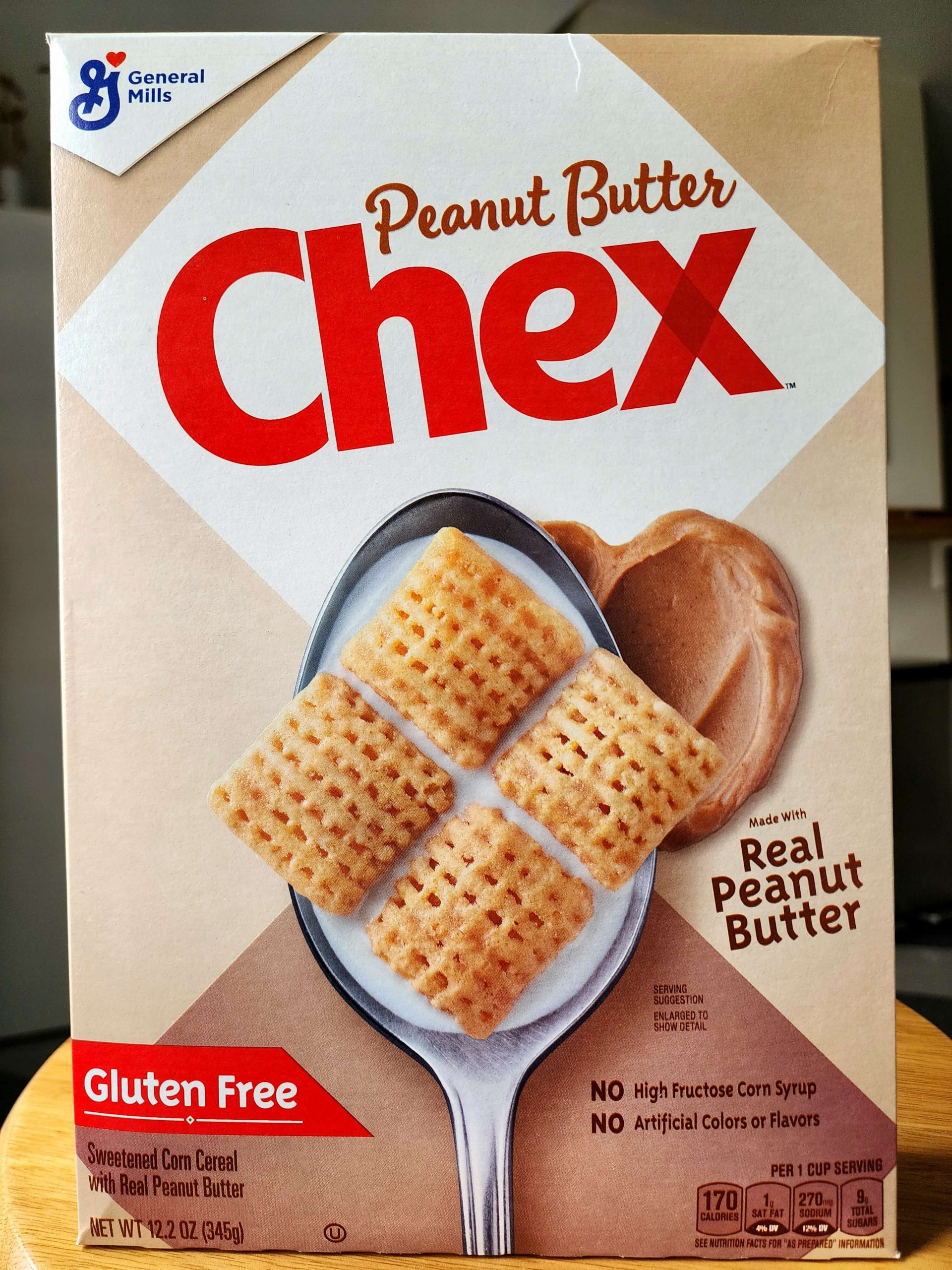 Front of General Mills Peanut Butter Chex cereal box.
