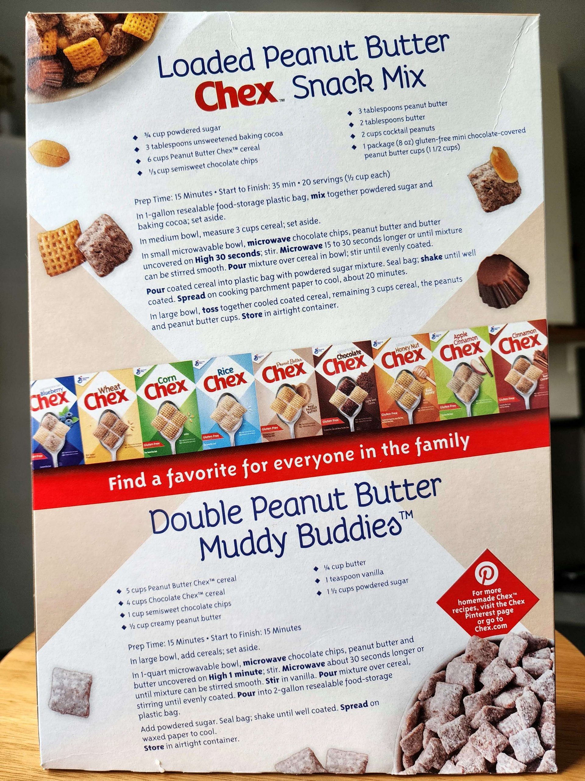 Back of General Mills Peanut Butter Chex cereal box.