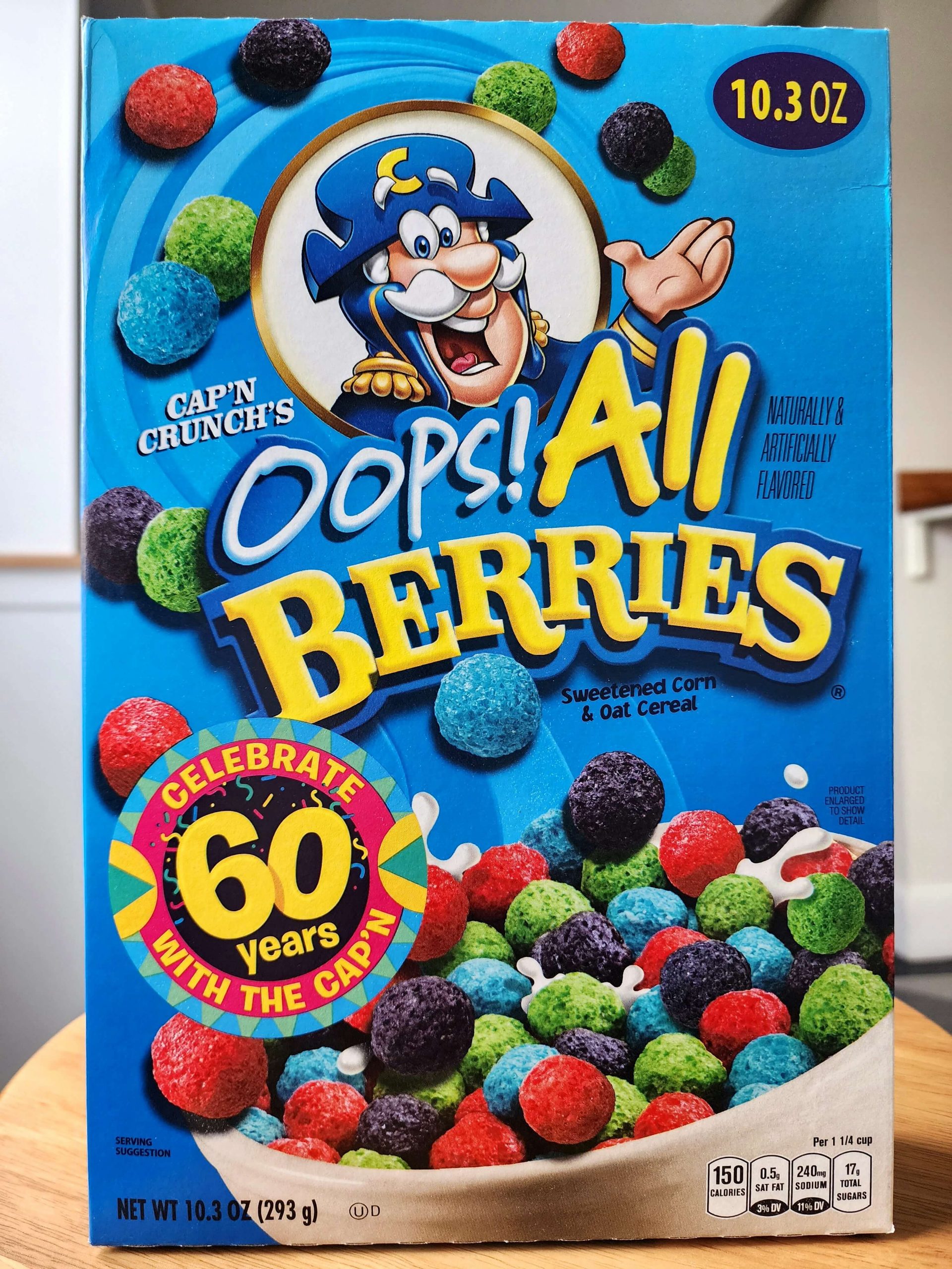 Front of Oops! All Berries Cap'n Crunch cereal box.