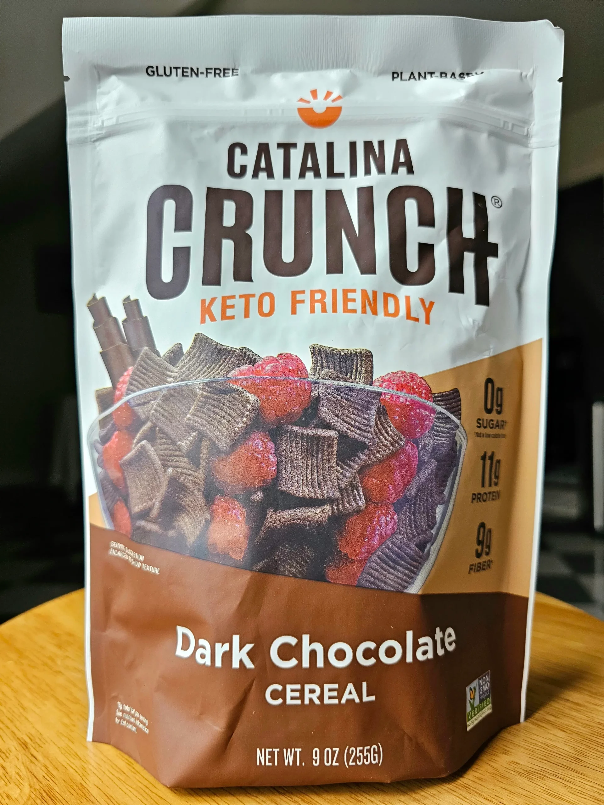 Front of Catalina Crunch Keto Friendly Dark Chocolate cereal bag.