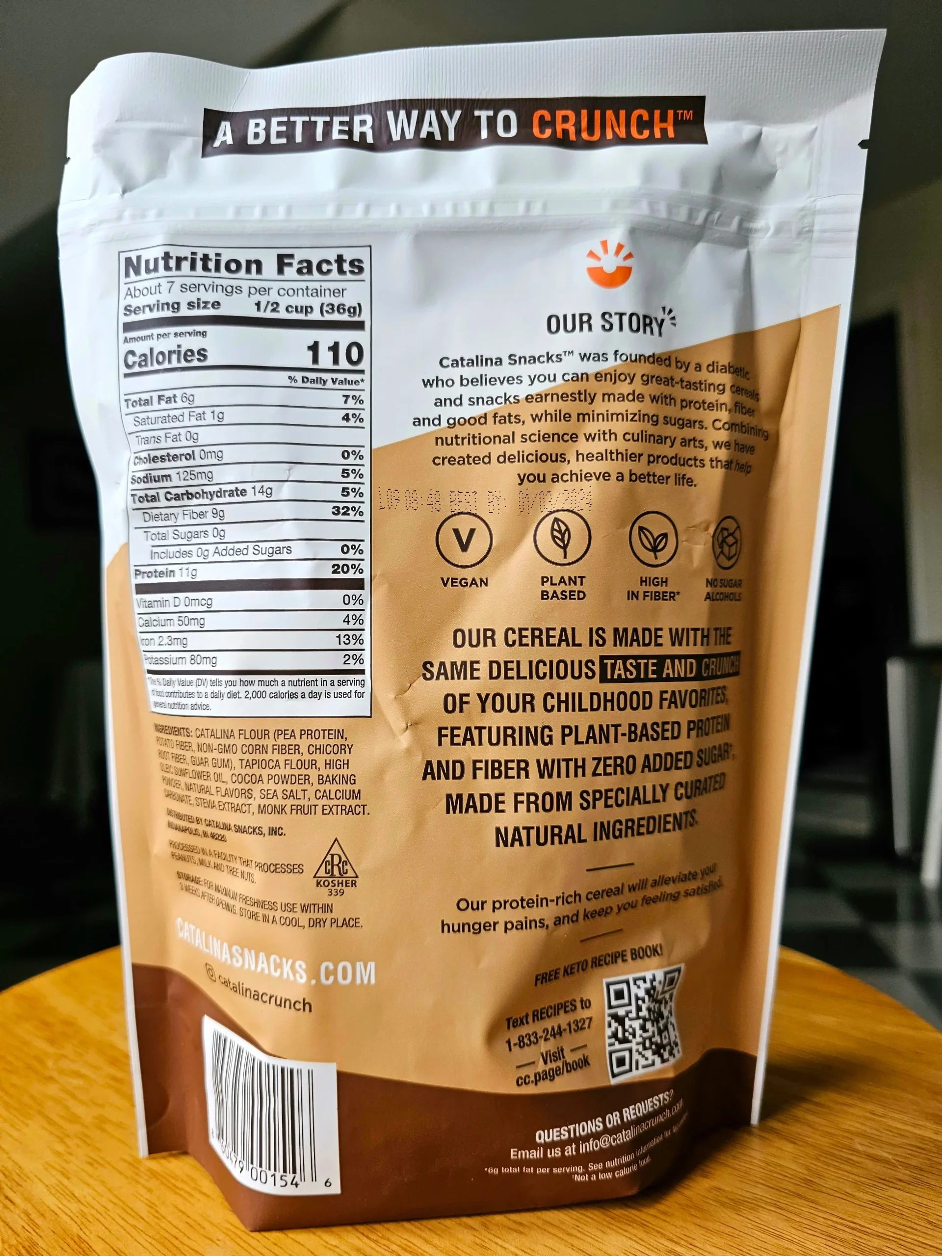 Back of Catalina Crunch Keto Friendly Cinnamon Toast cereal bag.