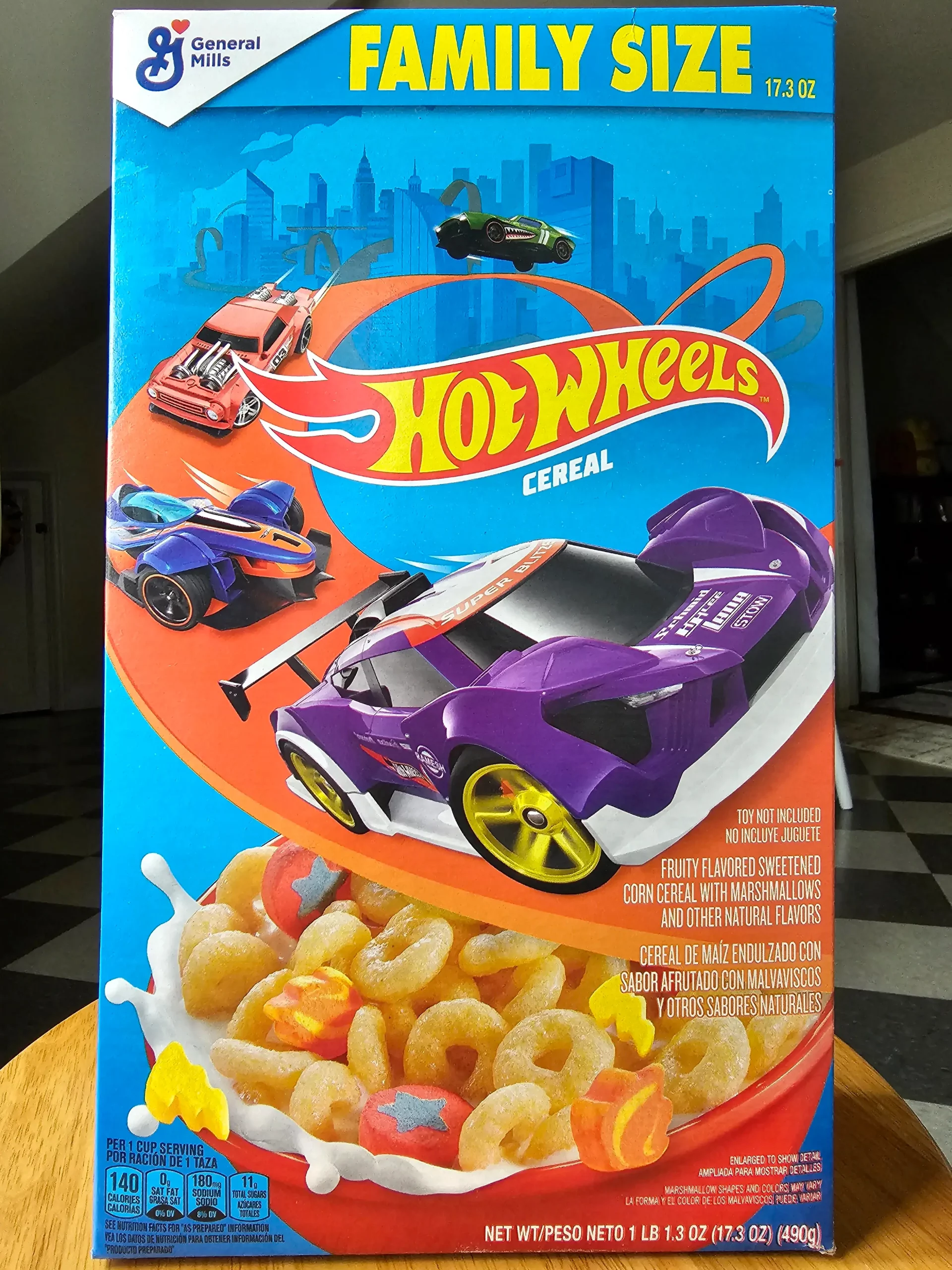 Front package of General Mills Hot Wheels cereal box.