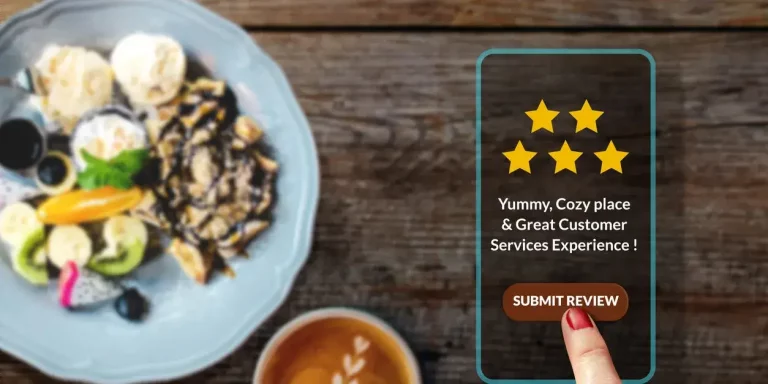 Phone reviewing a plate of food, 5 stars appear on the screen.