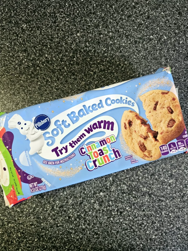 Front package of Pillsbury soft baked Cinnamon Toast Crunch cereal cookies.