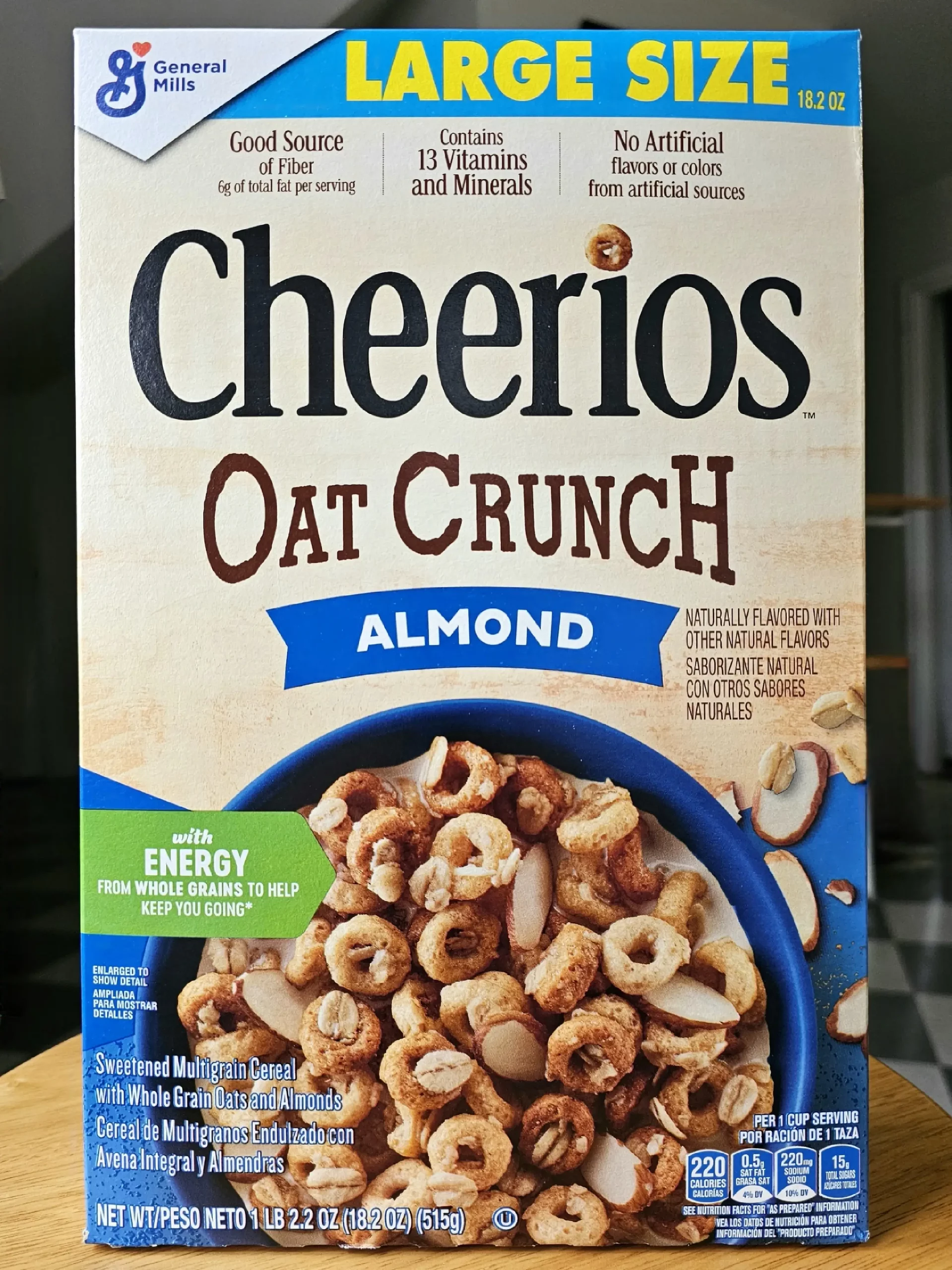 Front package of General Mills Cheerios Oat Crunch Almond cereal box.