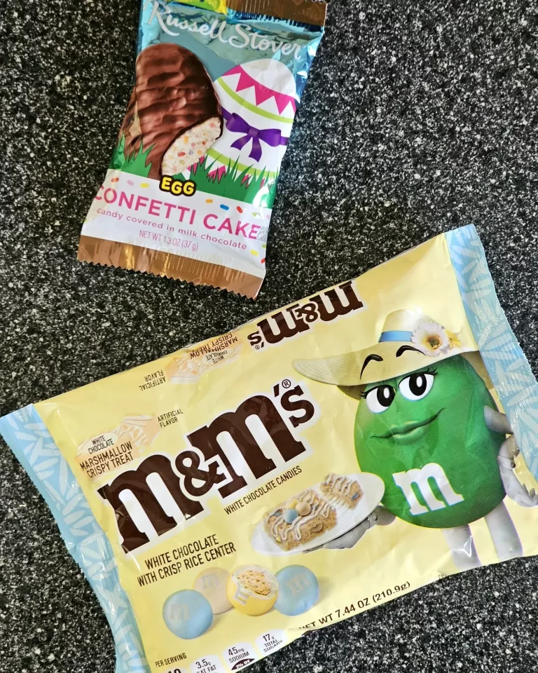 Pack of Russell Stover Confetti Cake Egg and M&Ms White Chocolate Marshmallow Crispy Treat.