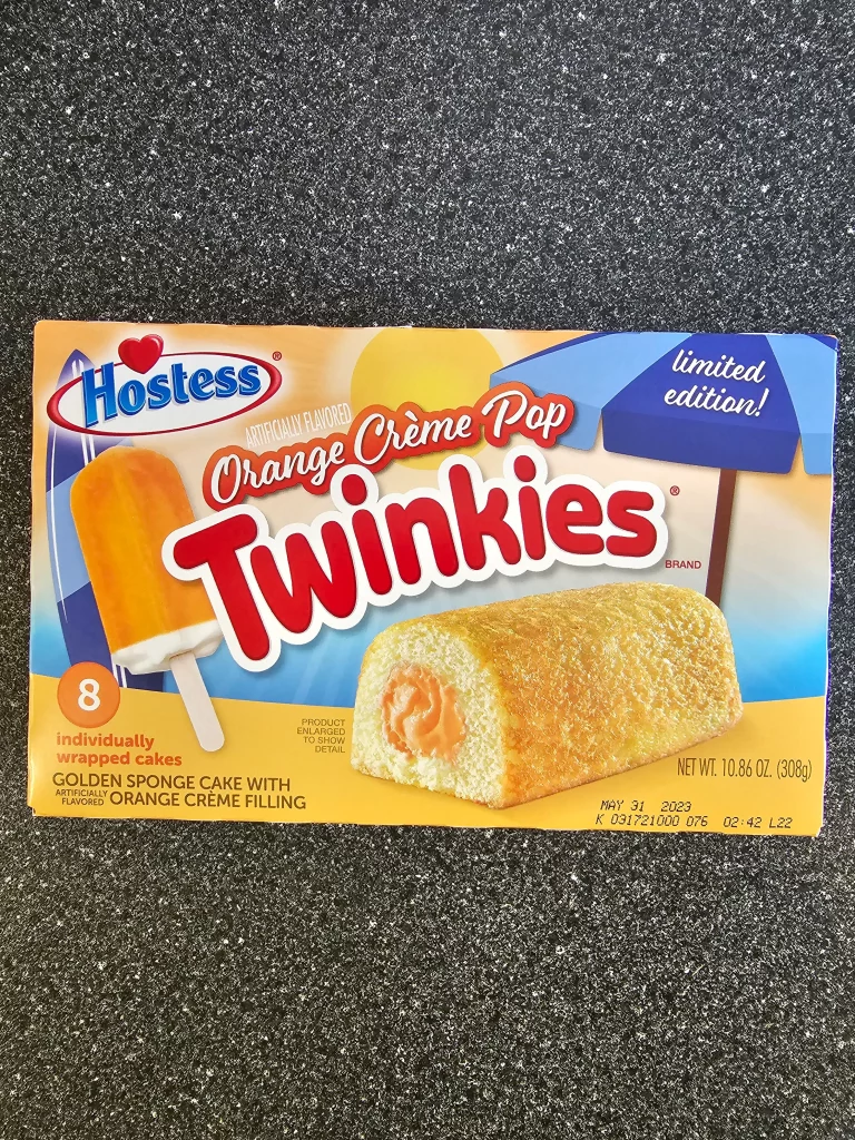 Front of Hostess Orange Creme Pop Twinkies box.
