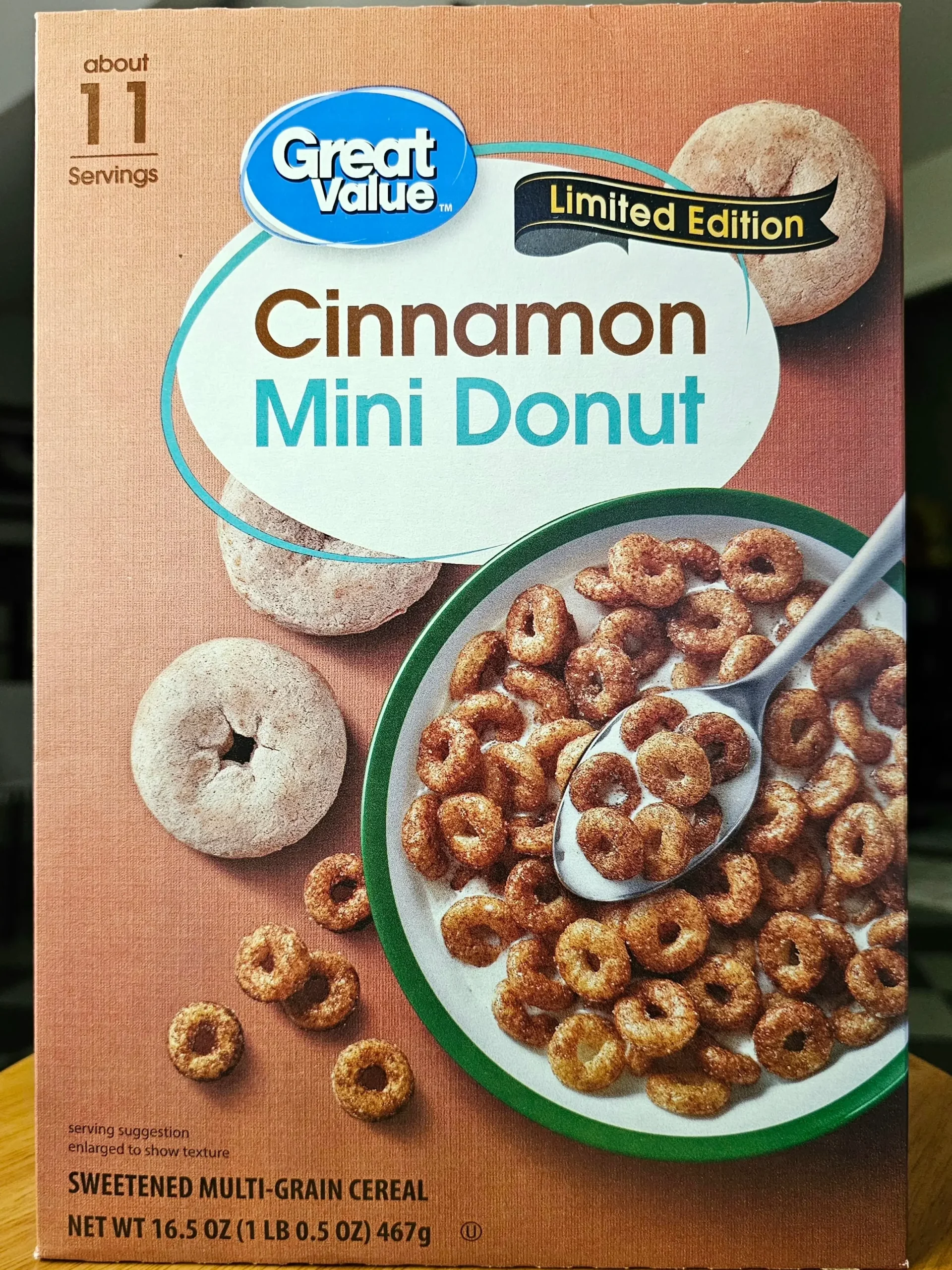 Front box of Walmart Great Value Cinnamon Mini Donut cereal box.