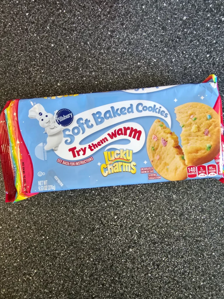 Front package of Pillsbury soft baked Lucky Charms cereal cookies.