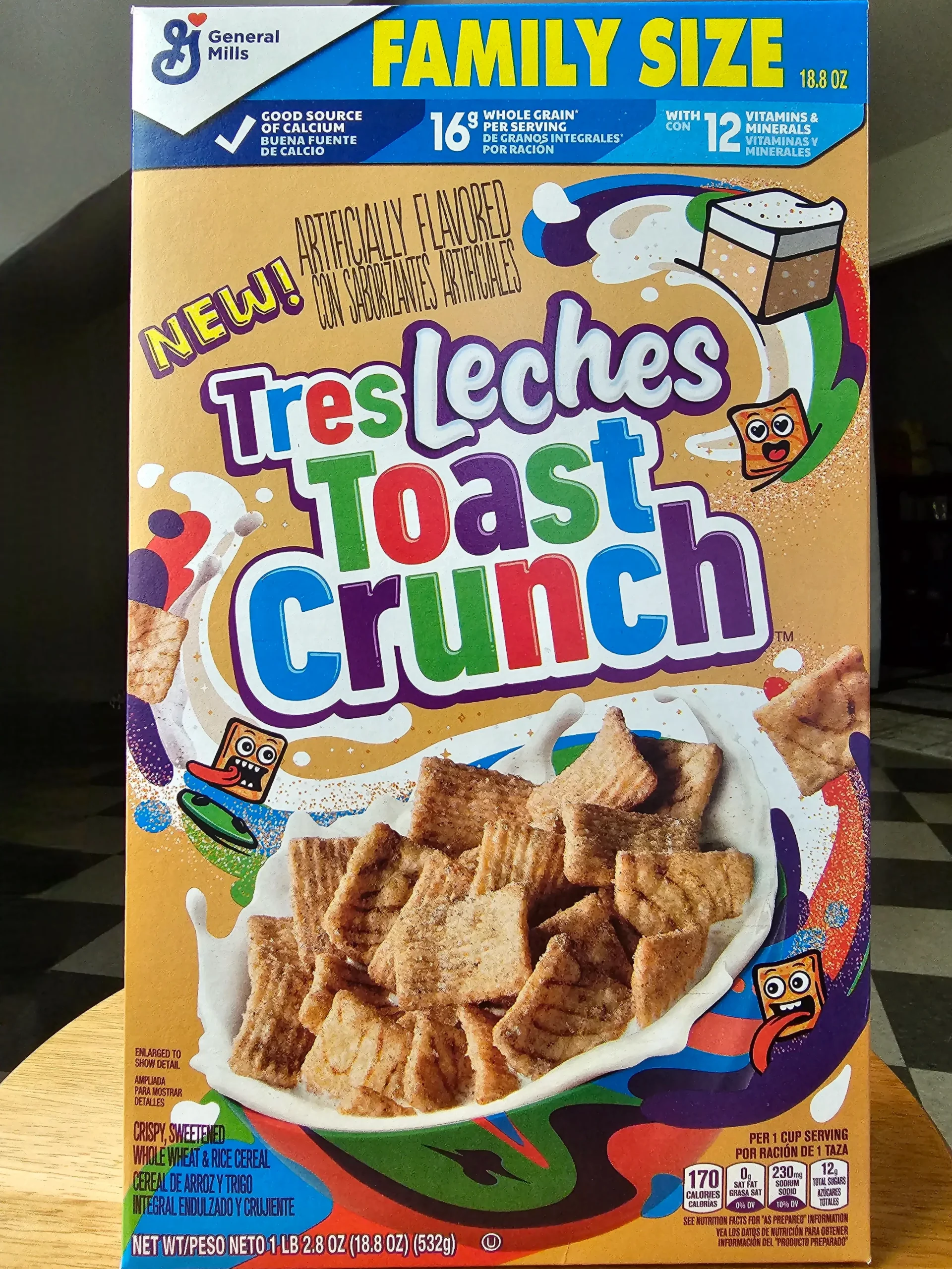 Front box of General Mills Tres Leches Toast Crunch cereal.