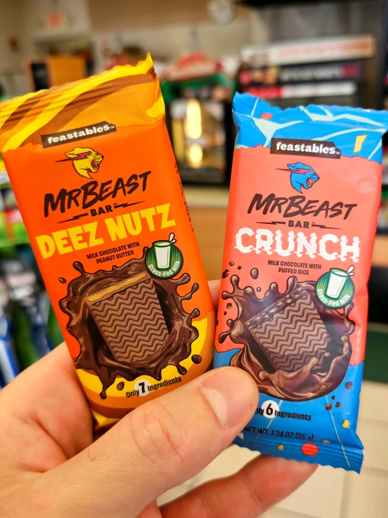 MrBeast Feastables, Deez Nuts Peanut Butter Chocolate Bar and Mr Beast Crunch Bar.