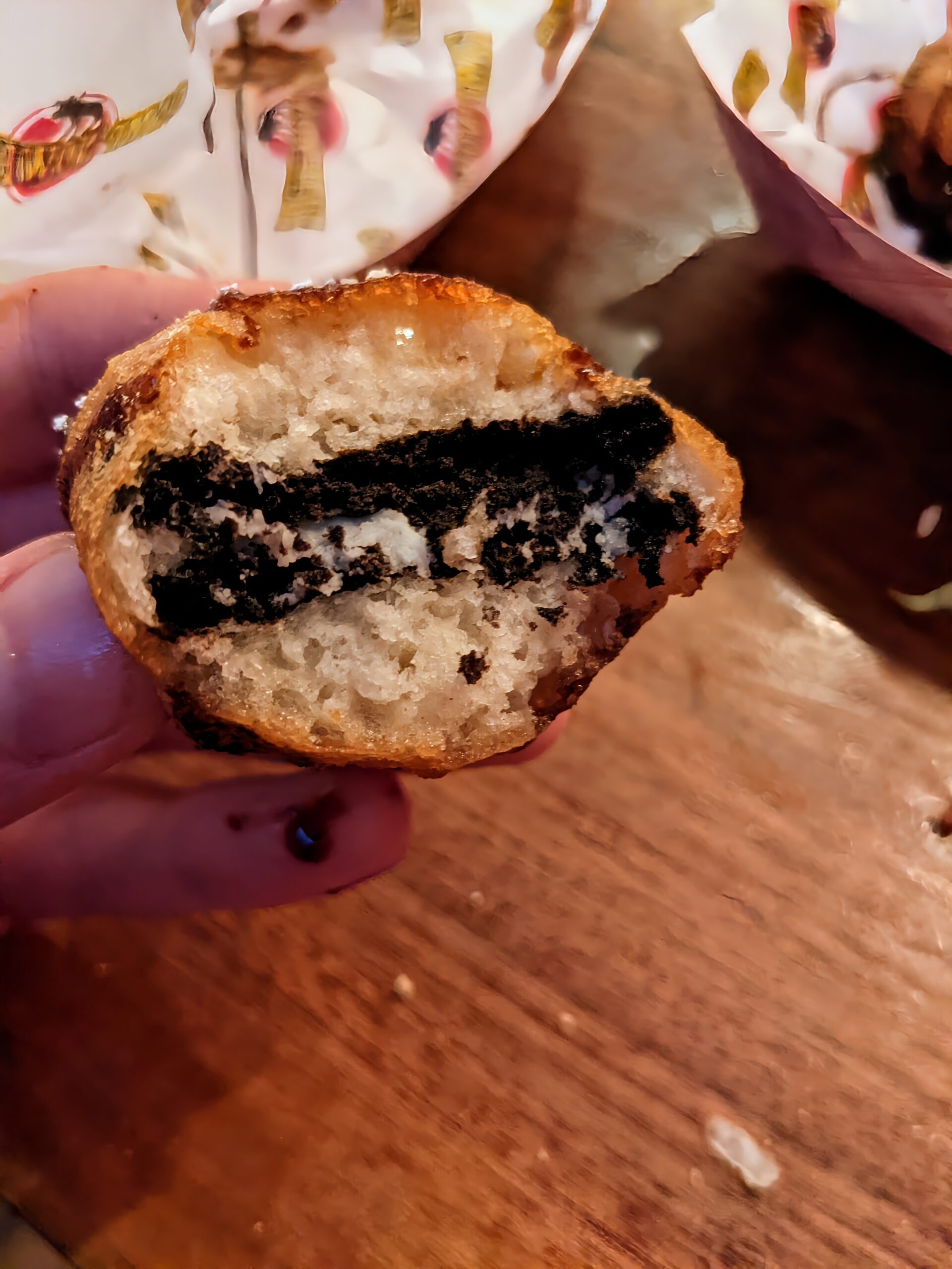 Inside of a Camp Nowhere fried Oreo.