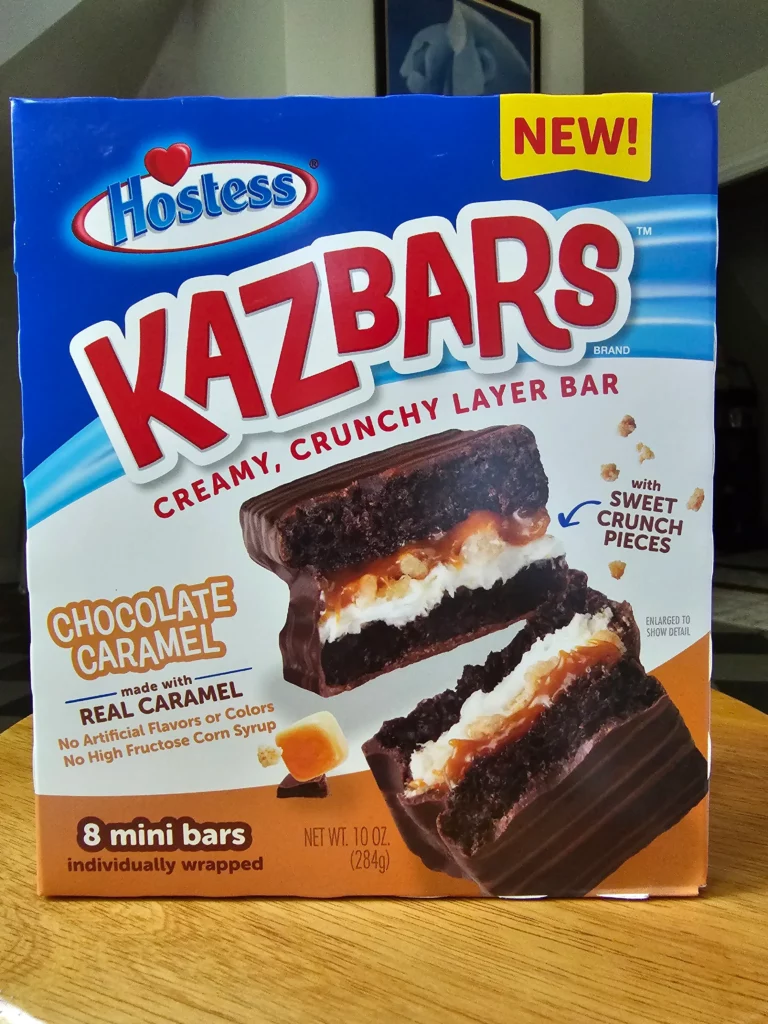 Front package of Hostess Chocolate Caramel Kazbars.