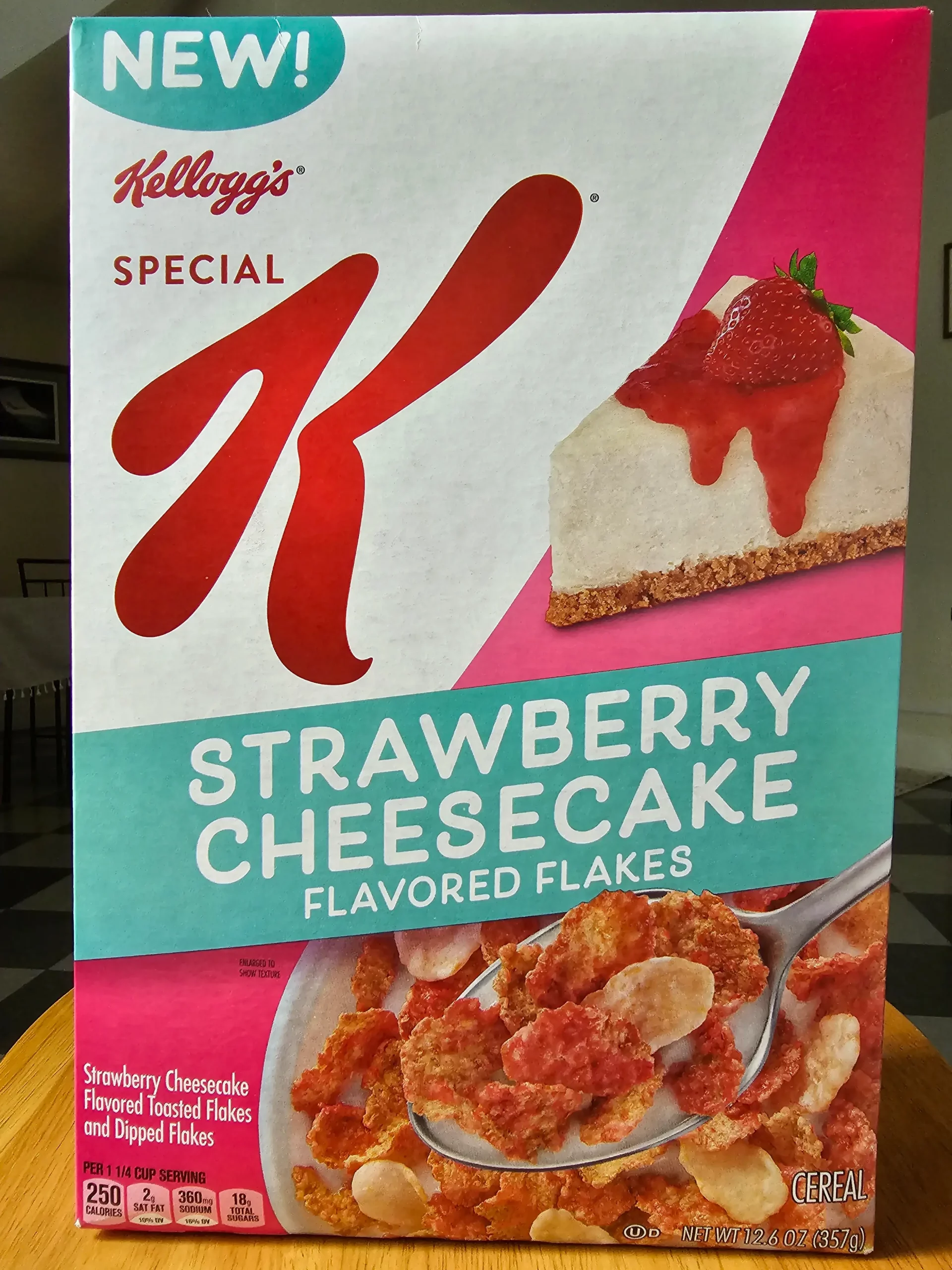 Front package of Kellogg's Special K Strawberry Cheesecake cereal box.