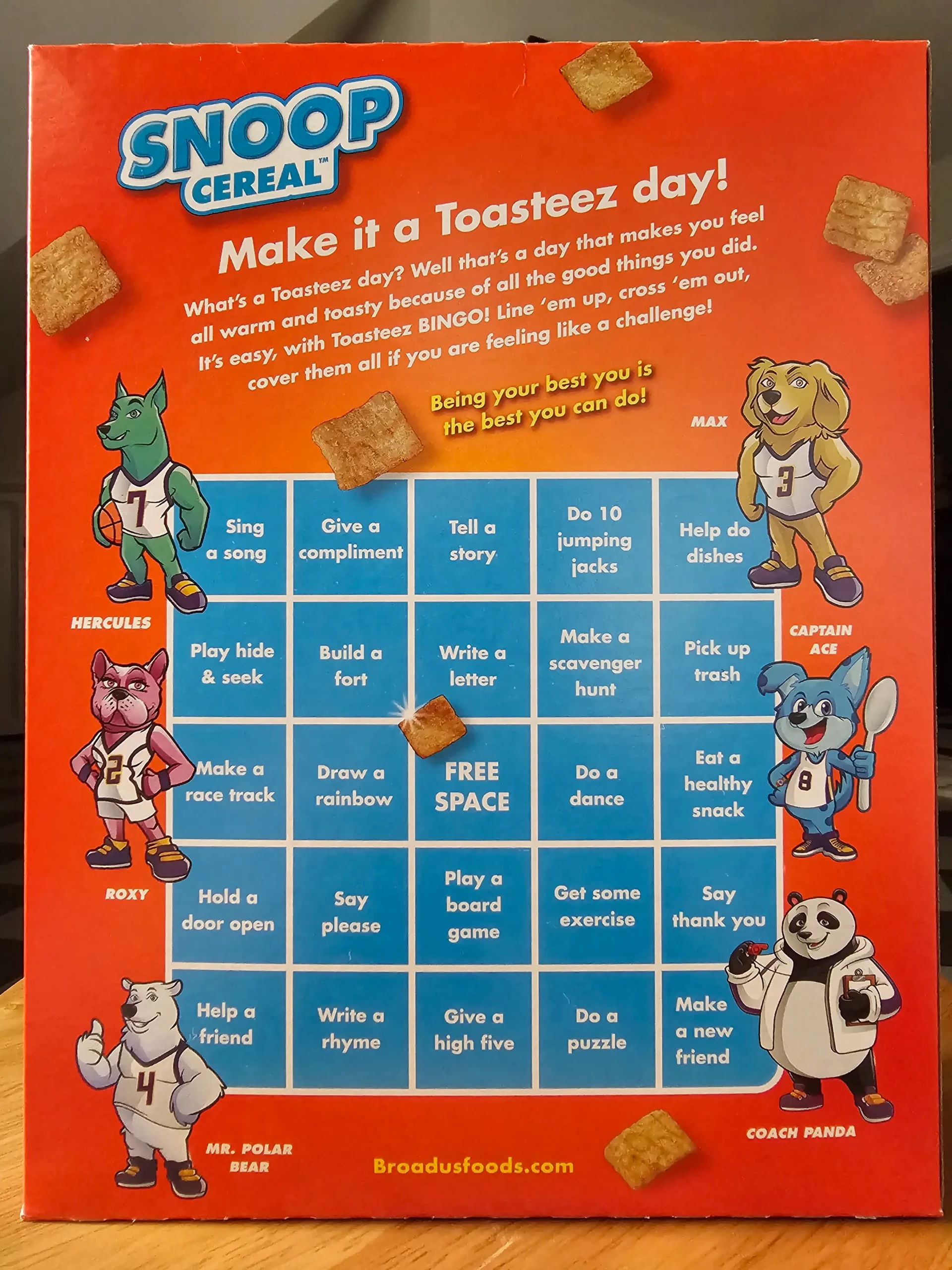 Back package of Snoop Cereal Cinnamon Toasteez Cereal box.