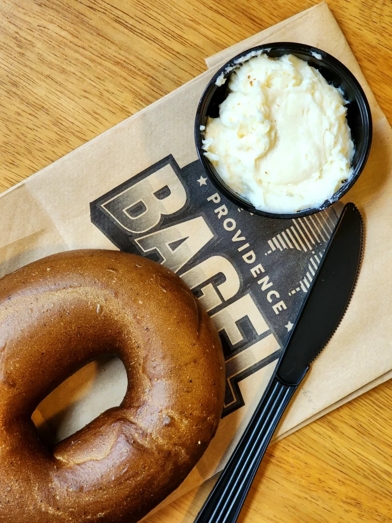 Gingerbread bagel on a table from Rhode Island's Providence Bagel.