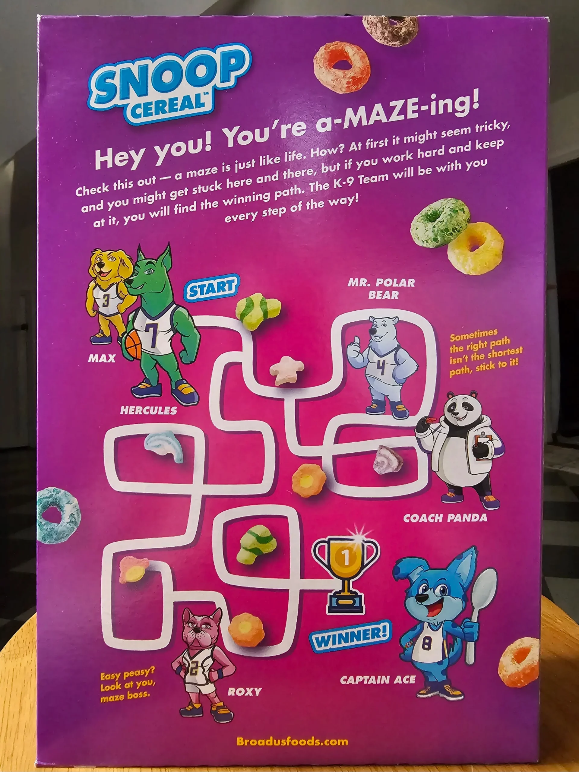 Back of Broadus Foods Snoop Cereal Fruity Hoopz with Marshmallows cereal box.