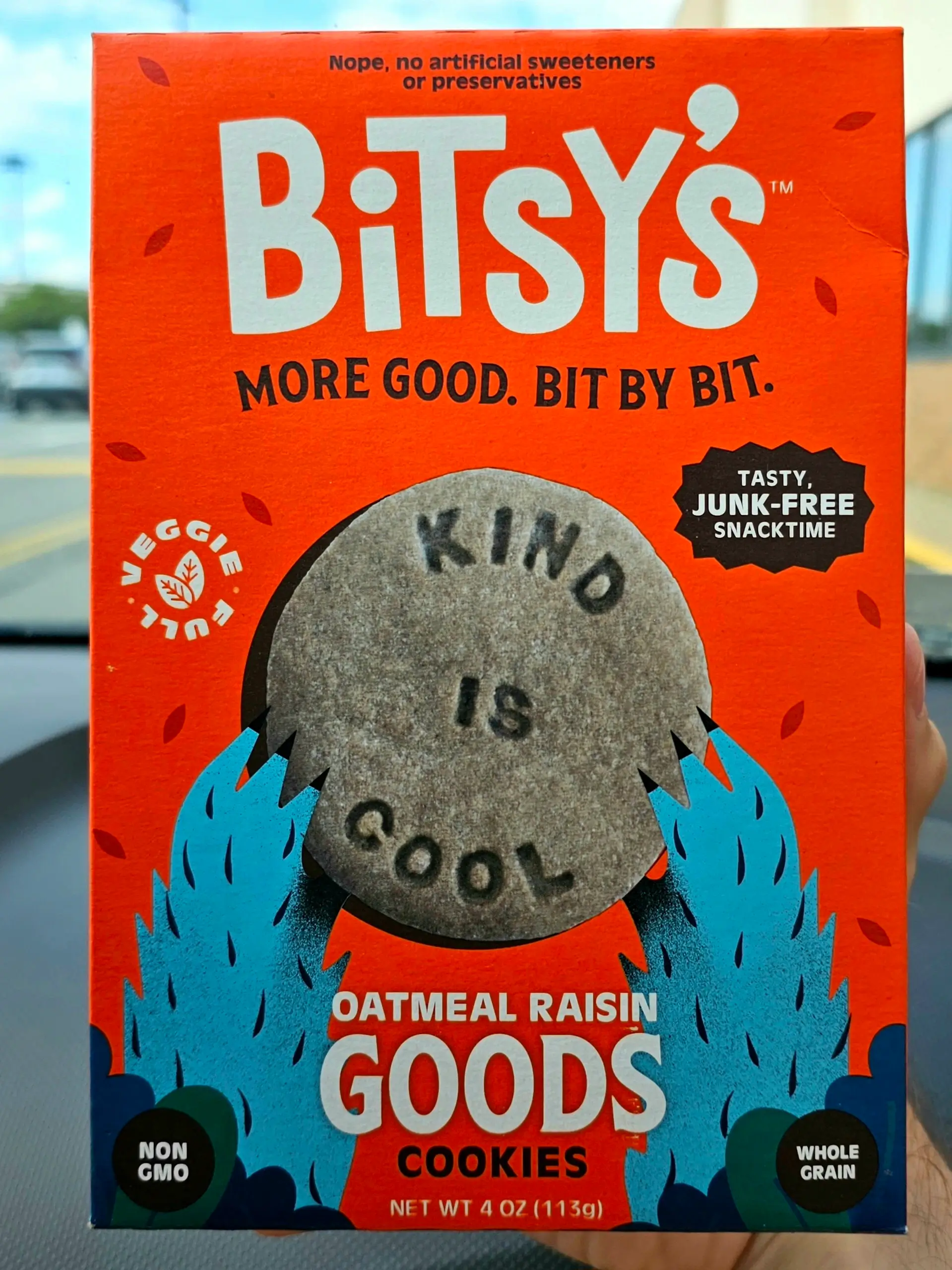 Front box of Bitsy's Oatmeal Raisin Goods Cookies.