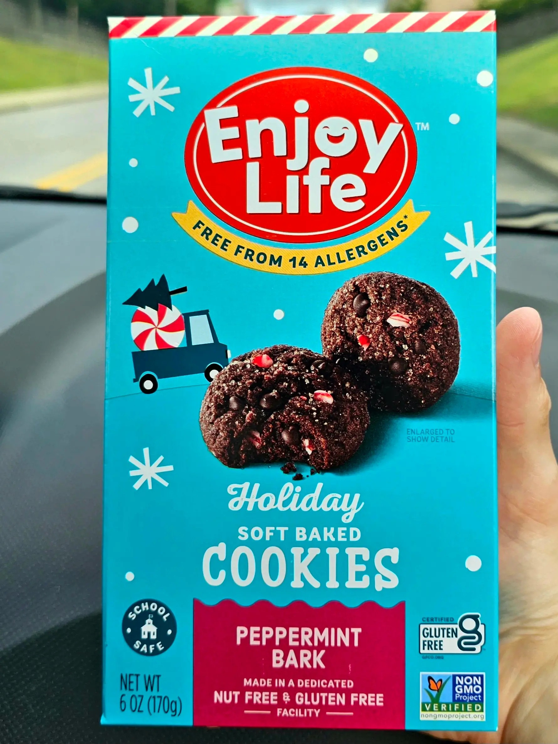 Front pack of Enjoy Life Holiday Soft Baked Peppermint Bark Cookies.