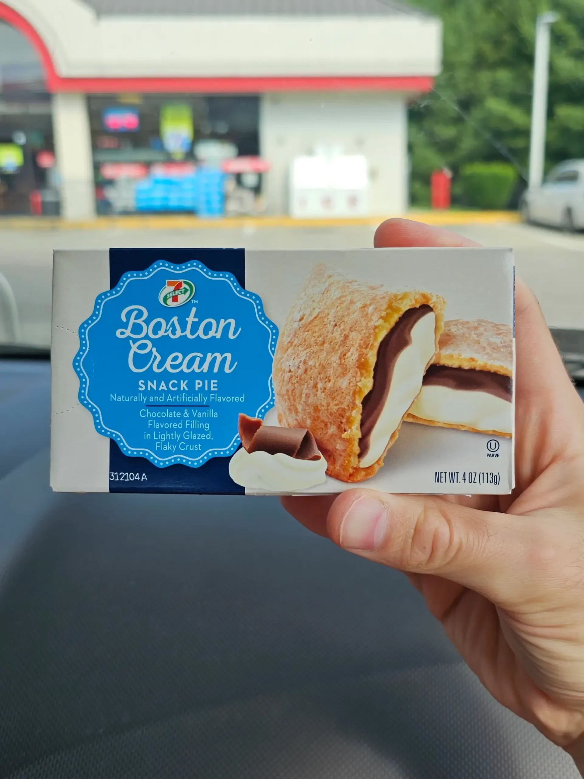 Package of Seven Eleven (7/11) Boston Cream Snack Pie.