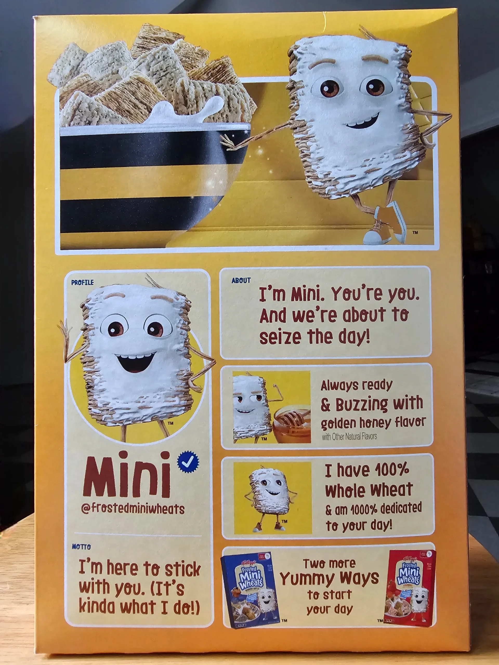 Back of Kellogg's Golden Honey Frosted Mini Wheats cereal box.